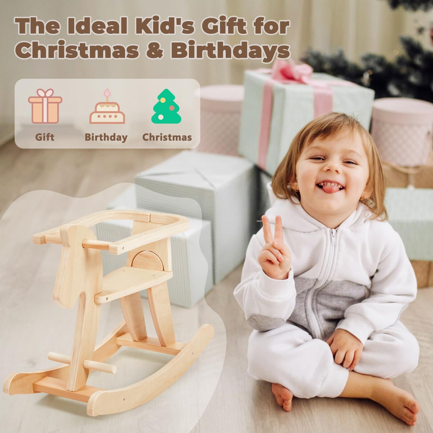 labebe - Wooden Rocking Horse, Baby Wooden Ride On Toys for 12M+, Classic Rocker Toy with Removable Fence, Toddler Riding Toy Indoor/Outdoor, Nursery Birthday Gift (Natural)