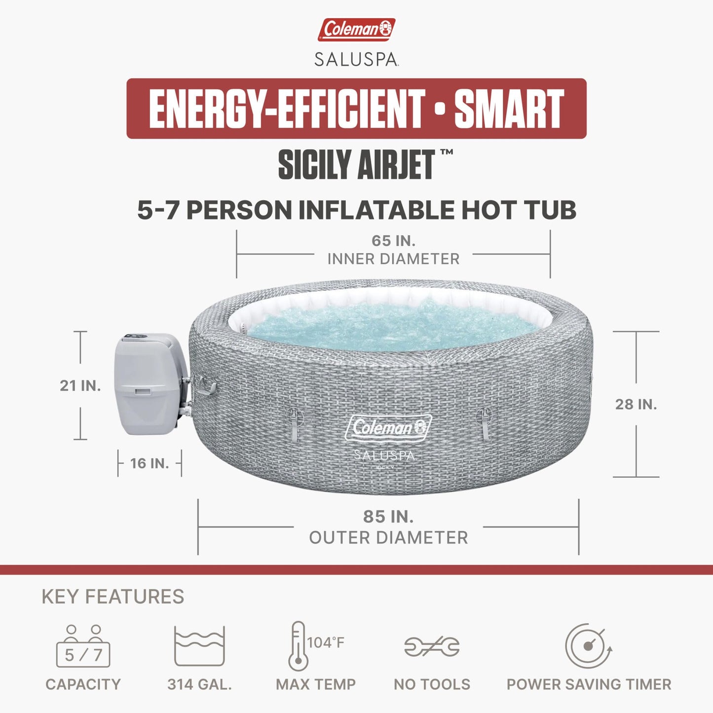 Coleman Sicily Energy-Efficient AirJet Inflatable Hot Tub 5-7 Person with App-Control