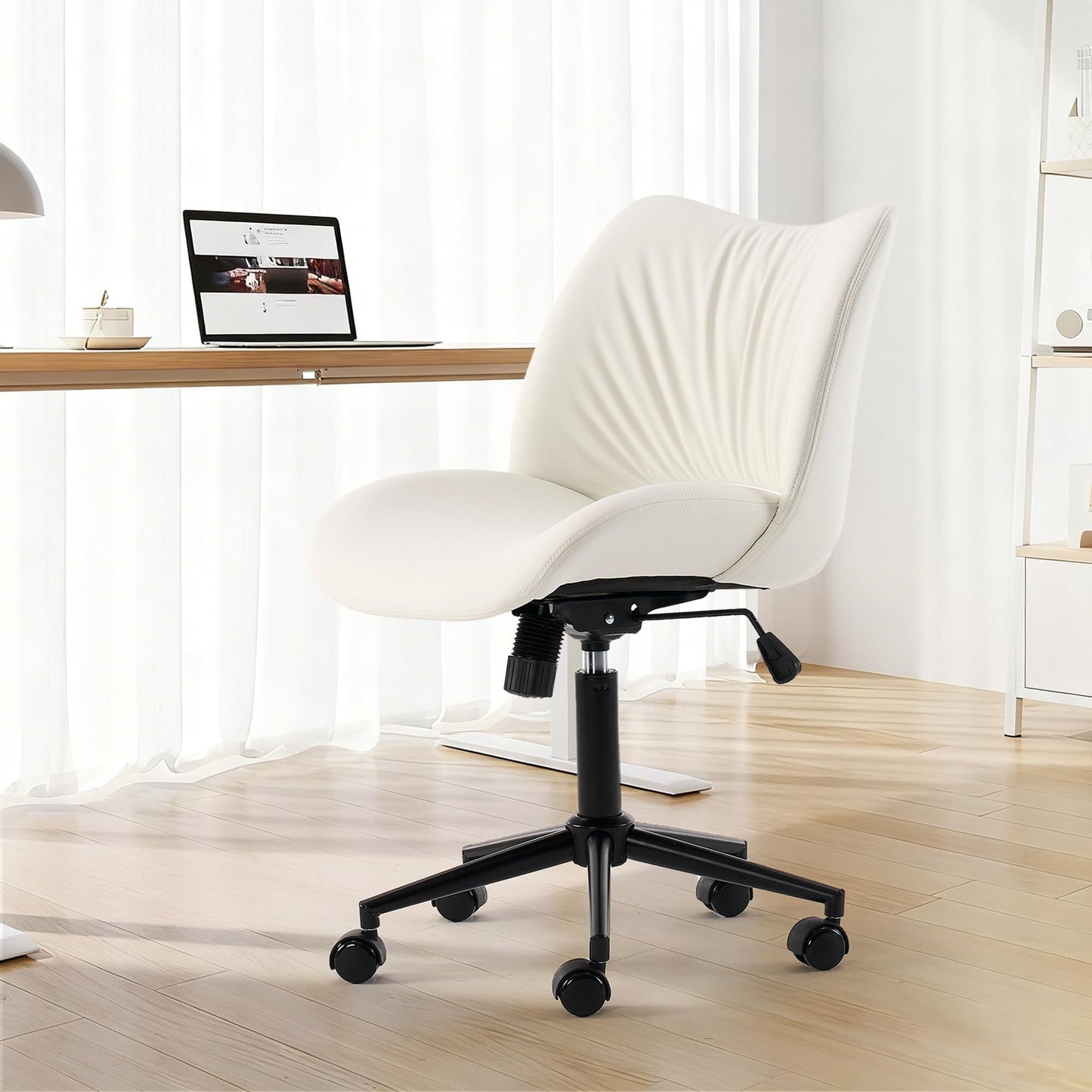 ROHASID Armless Desk Chair, Comfy Armless Office Chair with Wheels, Height Adjustable Faux Leather Desk Chairs for Office, Swivel Vanity Chair with Back for Bedroom, Reading Nook, White