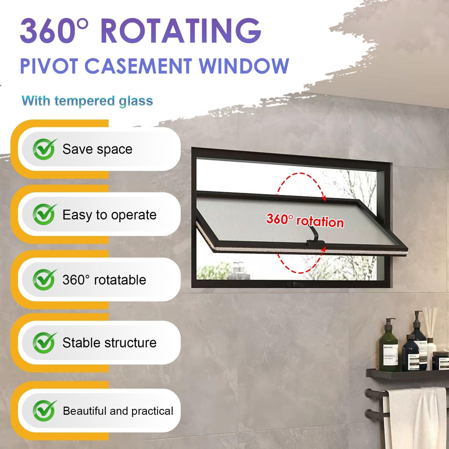 Basement Window With Tempered Glass,Bathroom Adjustable Ventilation,360° Rotating,Home Replacement Aluminum Casement For Sheds,Customizable Size