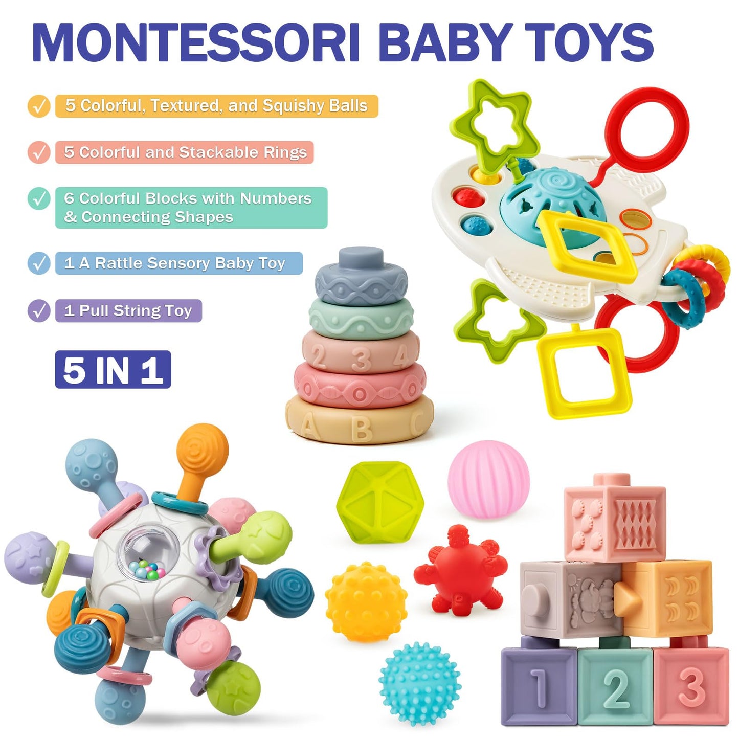 Baby Toys 6 to 12 Months, 5 In 1 Montessori Toys for 1 Year Old, Incl Travel Pull String Toy & Rattle Teether & Stacking Baby Block & Soft Infant Ring & Sensory Ball for Toddler 0-3-6-9-12 Month