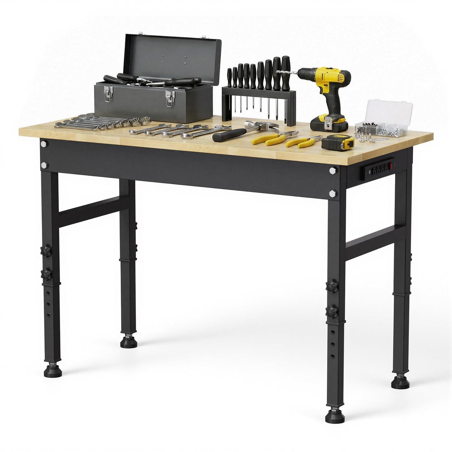 Anunweldo 47'' Adjustable Workbench, Heavy Duty Work Bench 2000 LBS Load Capacity, Wood Top Workbench with Power Outlet, Work Table for Garage, Workshop, Office, Home (47.2"x23.6"x39.4" / Rubber Pad)