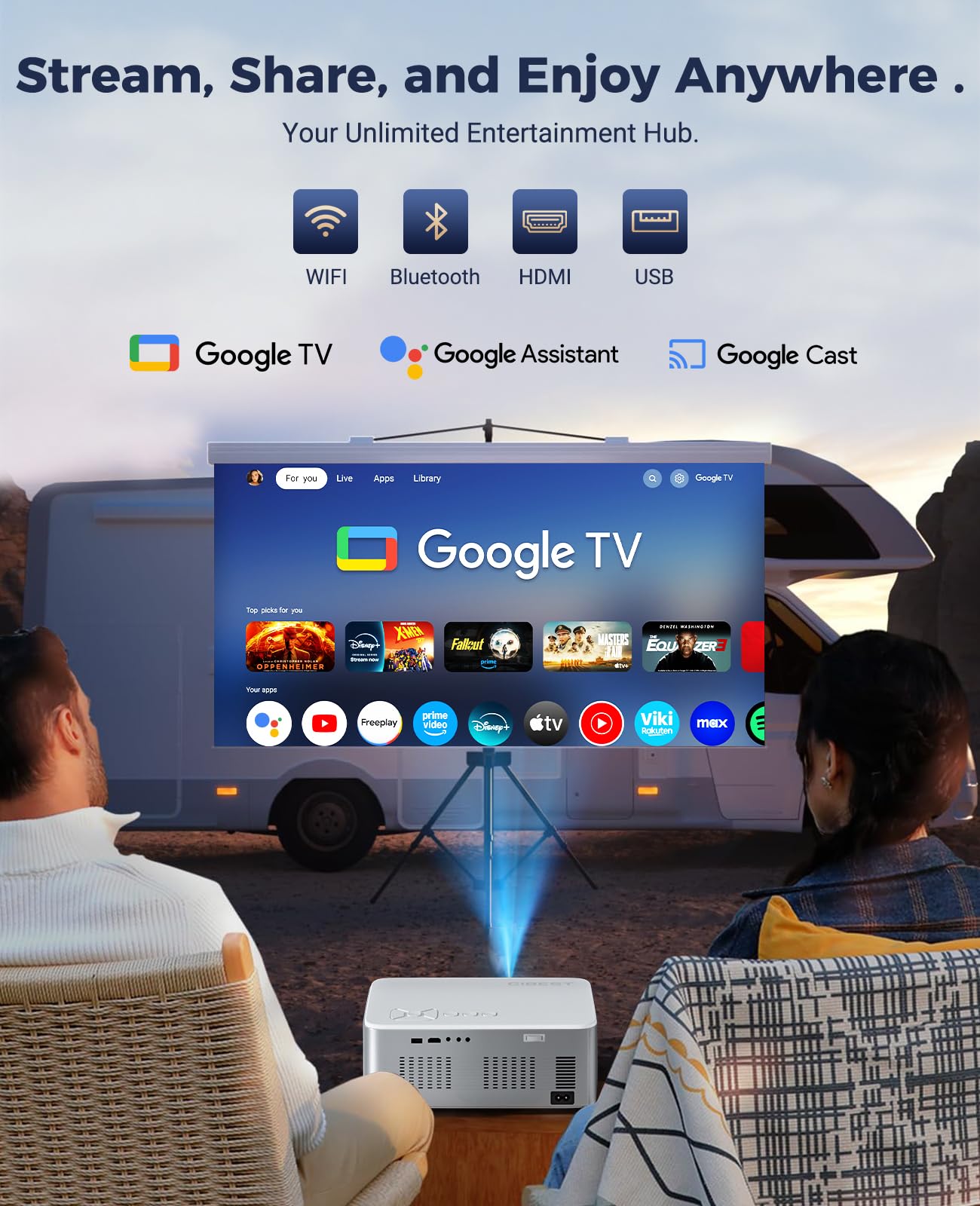 Google TV Projector 4K Support - CiBest Smart Projector with WiFi 6 and Bluetooth, Outdoor Movie Proyector Full-Sealed Optical Engine 3000 ANSI Home Ceiling Projector with Autofocus, Streaming Apps