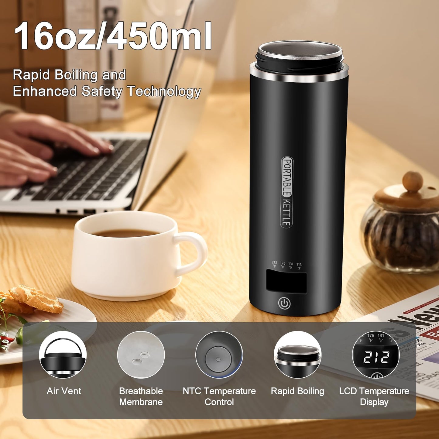 Travel Kettle Small Tea Kettle Coffee Mini Portable Electric Kettle with 4 Temperature Settings, Plug in 304 Stainless Steel Mini Travel Electric Kettle with Auto Shut-off(Black)