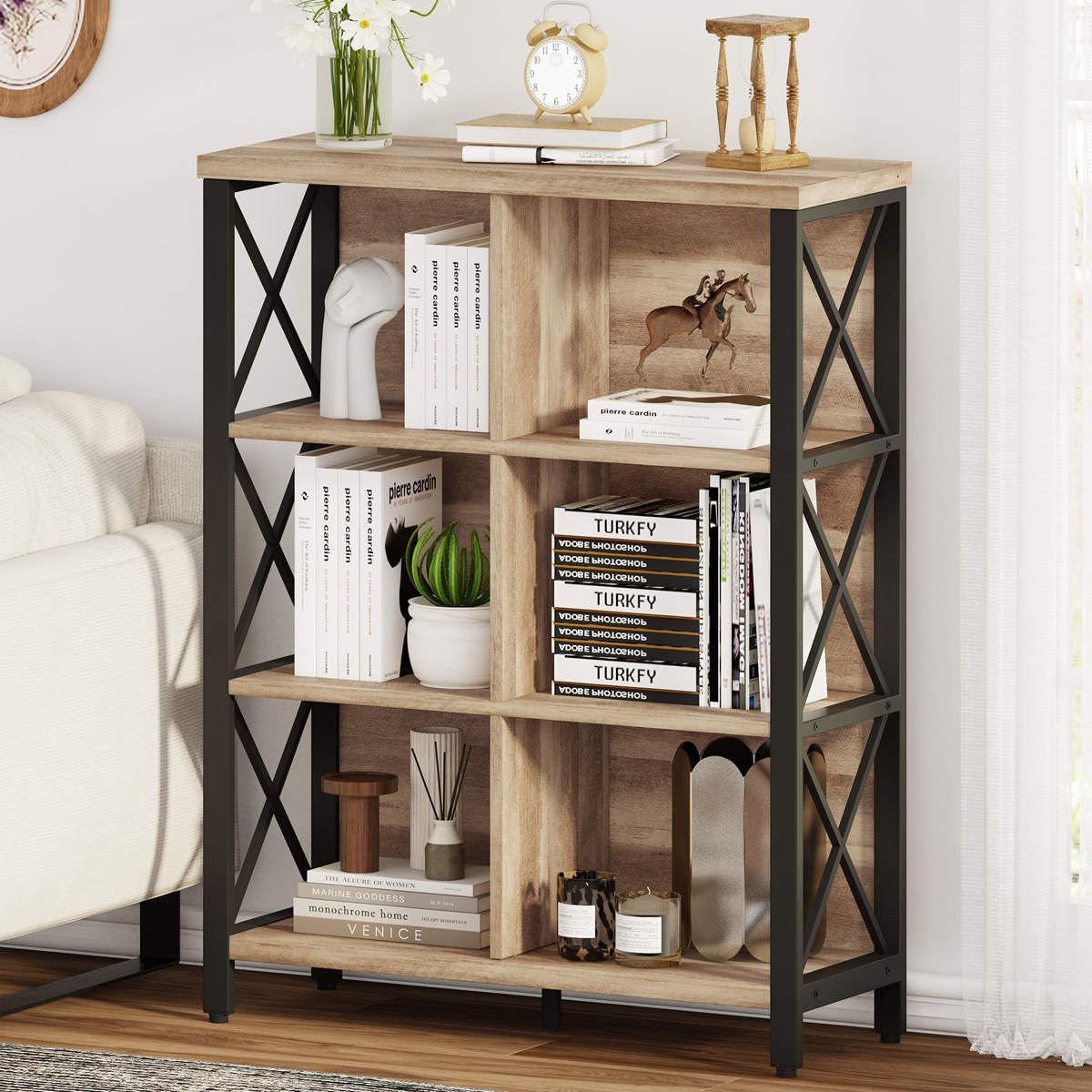 FATORRI Bookcase, 6 Cube Storage Organizer Shelf, Wood and Metal Cubby Book Shelf, Industrial 4 Tier Cube Bookshelf (Rustic Oak)