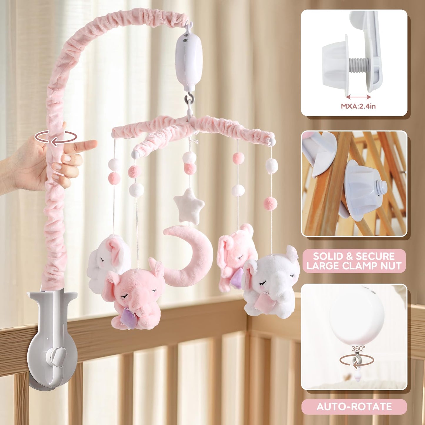 Baby Crib Mobile - Elephant Mobile for Crib with 28 Inches Mobile Arm and 35 Lullabies Musical Box, 3 Modes Digital, Volume Control, Essential Gift for Infant Boys Girls Bedroom Hanging Decor