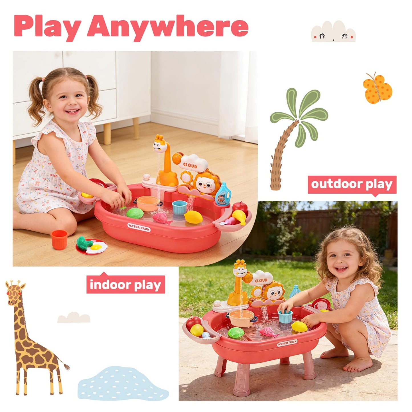 HOLYFUN Play Kitchen Sink with Running Water, Water Table Toy, Sink Toy with Functional Faucet, Play Food, Pots & Pans Kitchen Accessories, Realistic Pretend Play Gift Set for Toddlers and Kids (Pink)