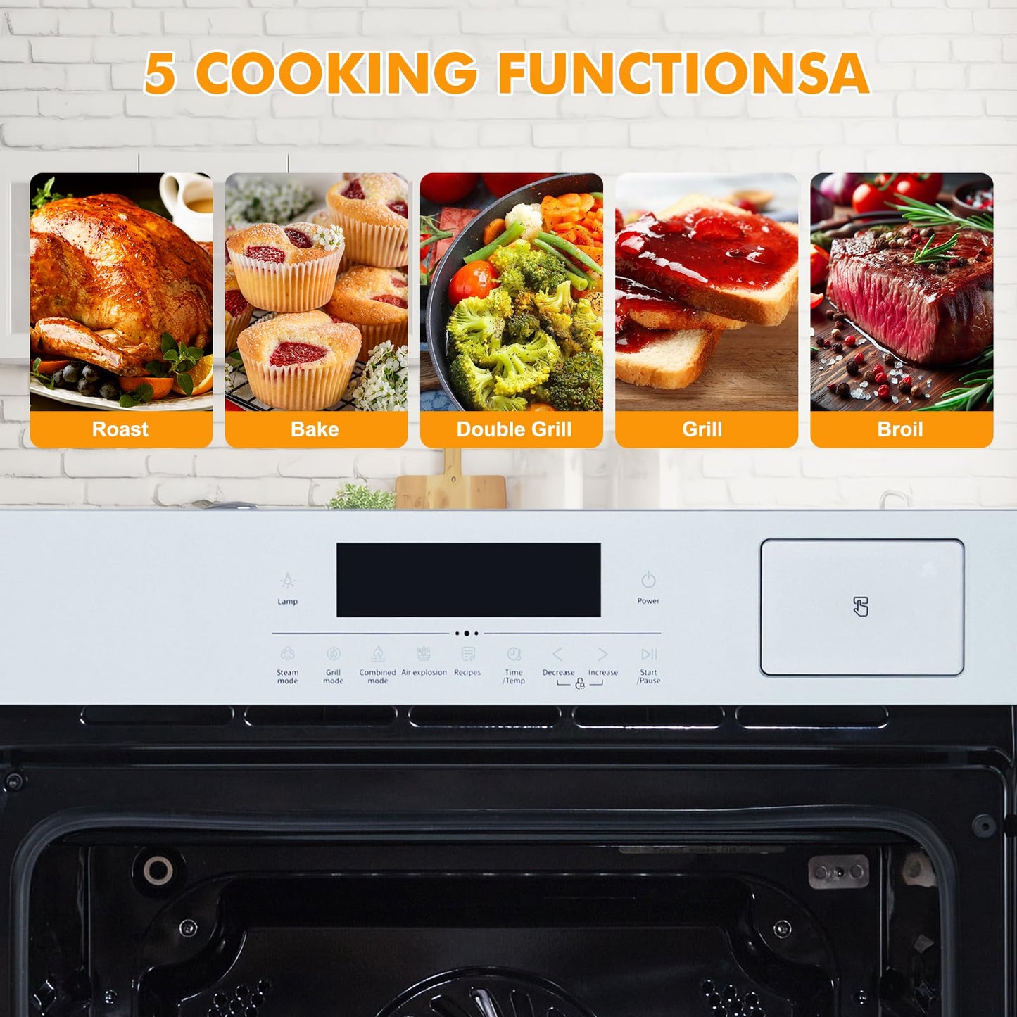 24" Single Wall Oven, Built-in Ovens with Steam and Air Fry Function, 5 Automatic Recipes, 3000W, 240V, 2.5 CF Convection Electric Oven, Stainless Steel, Touch Control, Timer, Safety Lock