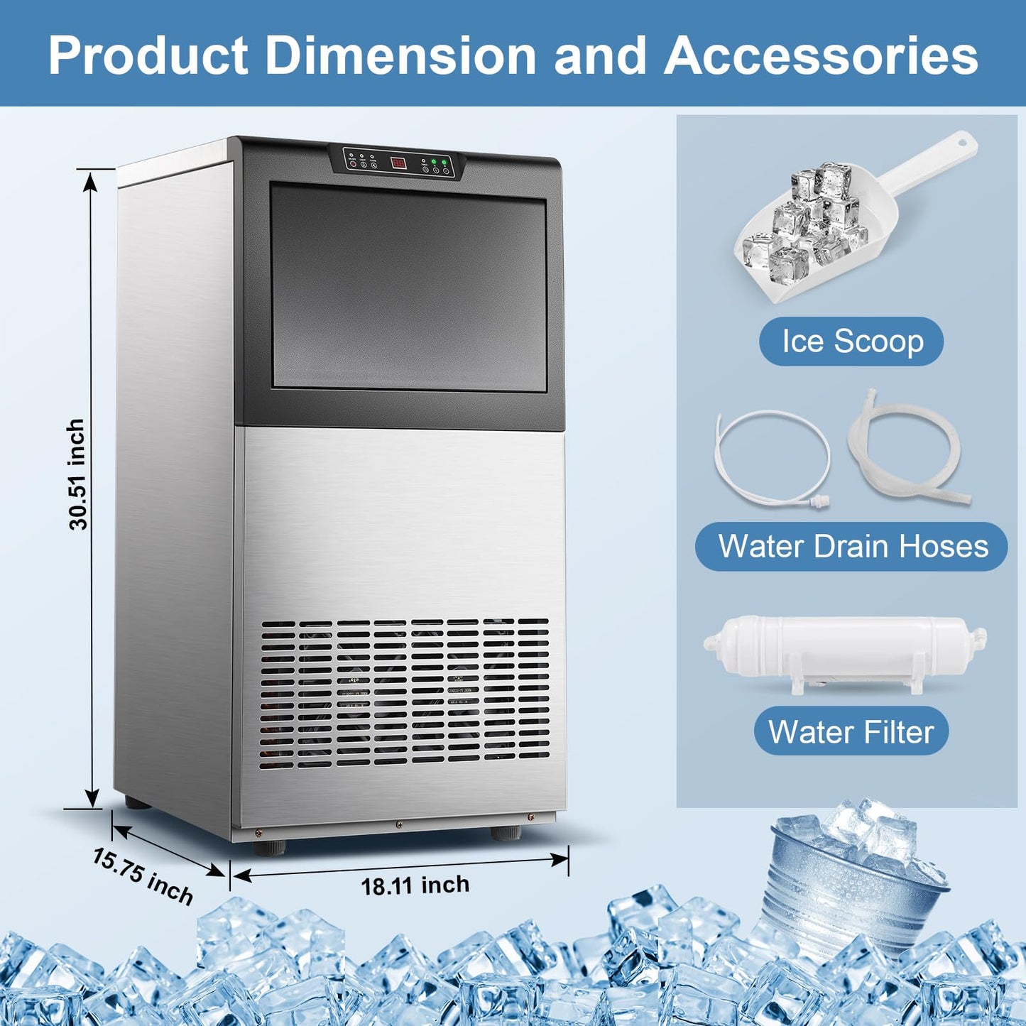 Amzgachfktch Commercial Ice Maker, 150lbs/24H Ice Maker Machine with 50lbs Ice Storage, Self-Cleaning, LED Digital Display, Blue Light, Under Counter/Freestanding Ice Machine for Home Bar Restaurant