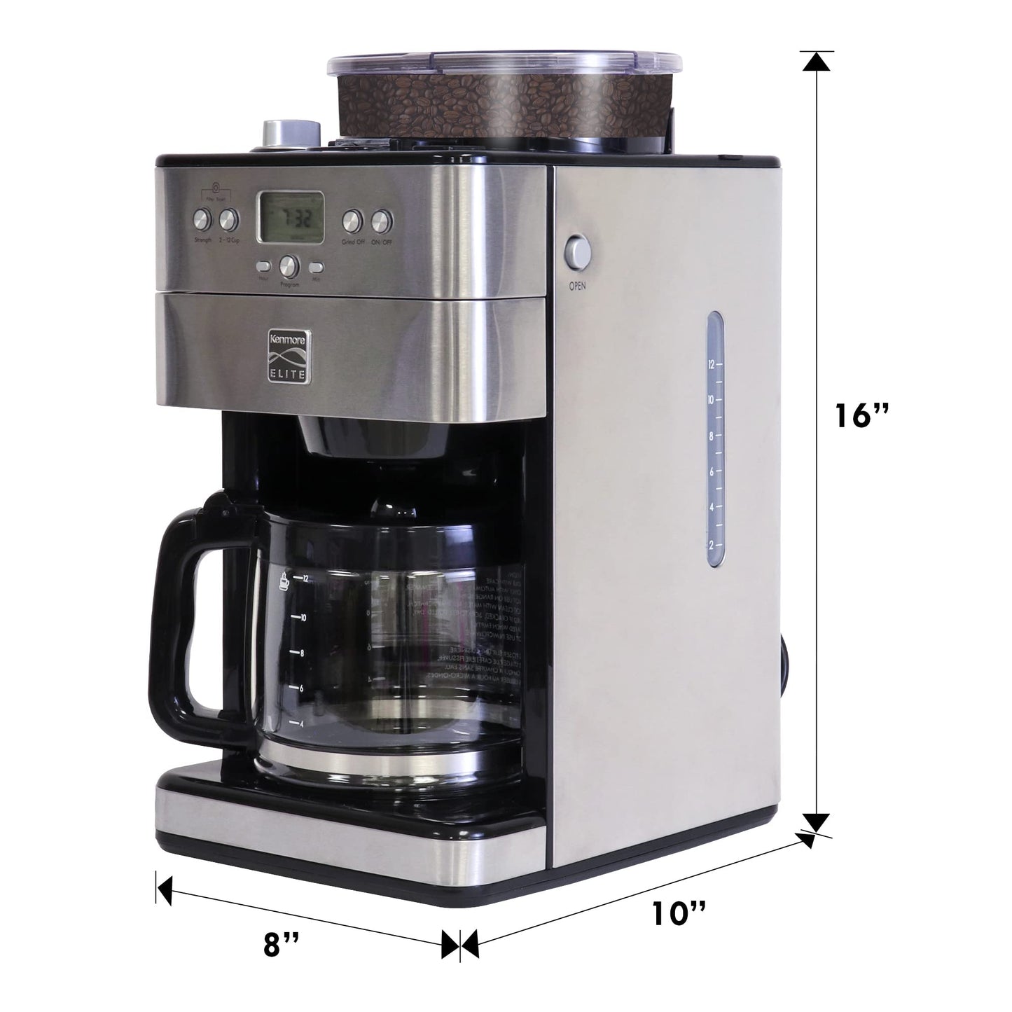 Kenmore Elite Grind and Brew Coffee Maker with Built‑In Burr Grinder, Automatic Drip Machine, 12‑Cup Programmable Brewer, Bean‑to‑Cup Cafetera, Stainless Steel Coffee Maker for Home & Office