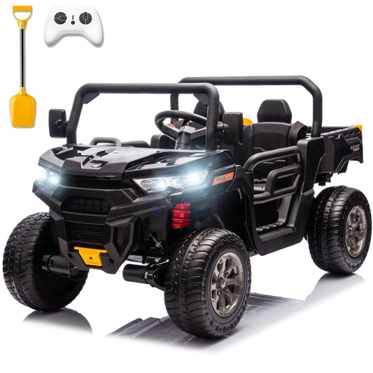 Sopbost 2 Seater 24V Ride On Toys for Big Kids with Electric Dump Bed 4WD Battery Powered Cars for Kids with Remote Control, Ride On Car with EVA Tires Wheels, Shovel, Music, Black