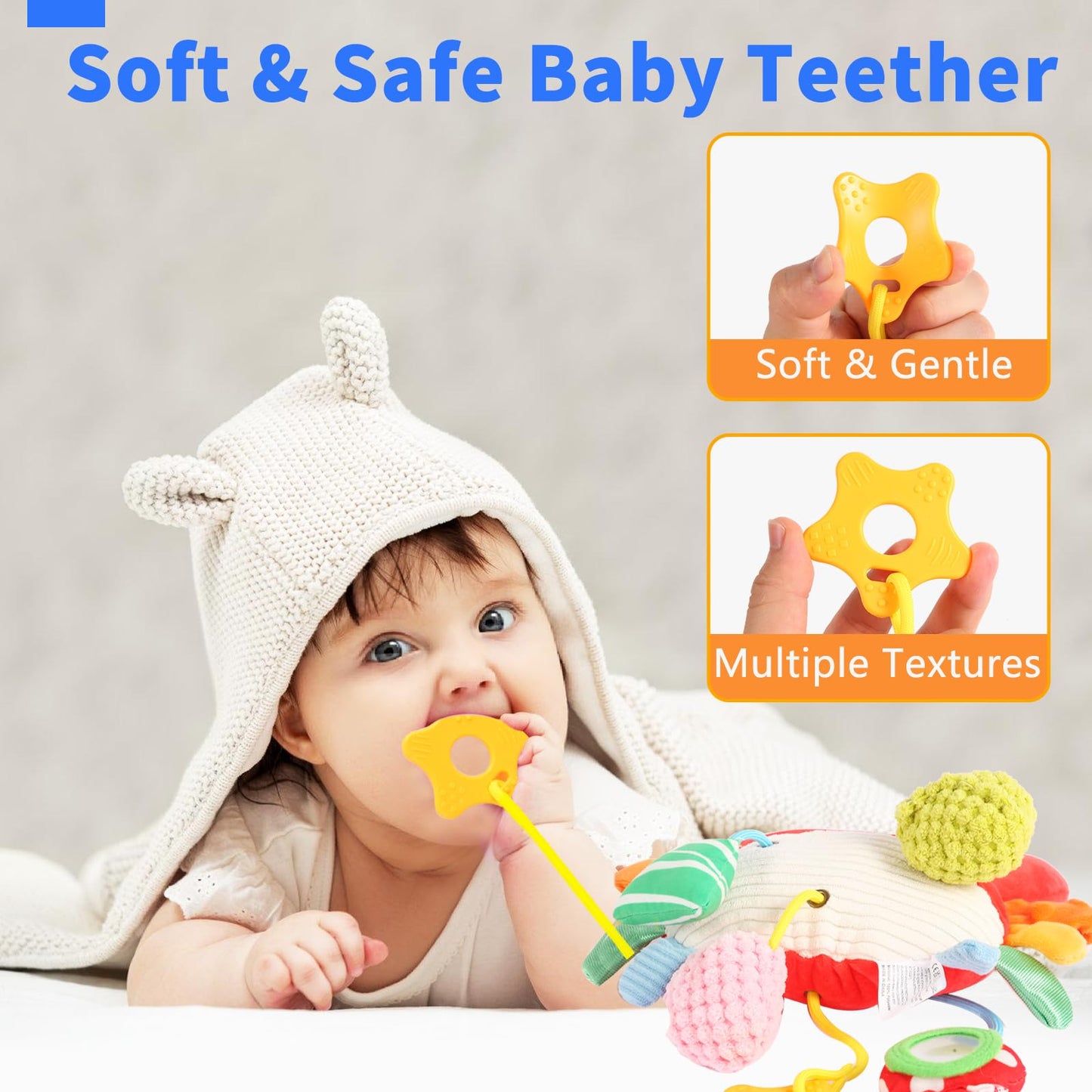 Ivrmtal Car Seat Toys for Babies, Crab Baby Toys 0-6 Months Infant Carseat Hanging Stroller Accessories Sensory Newborn Easter Gift 1 2 3 4 5 6 Month Old Boy Essentials Stuff with Clip, Rattle, Mirror
