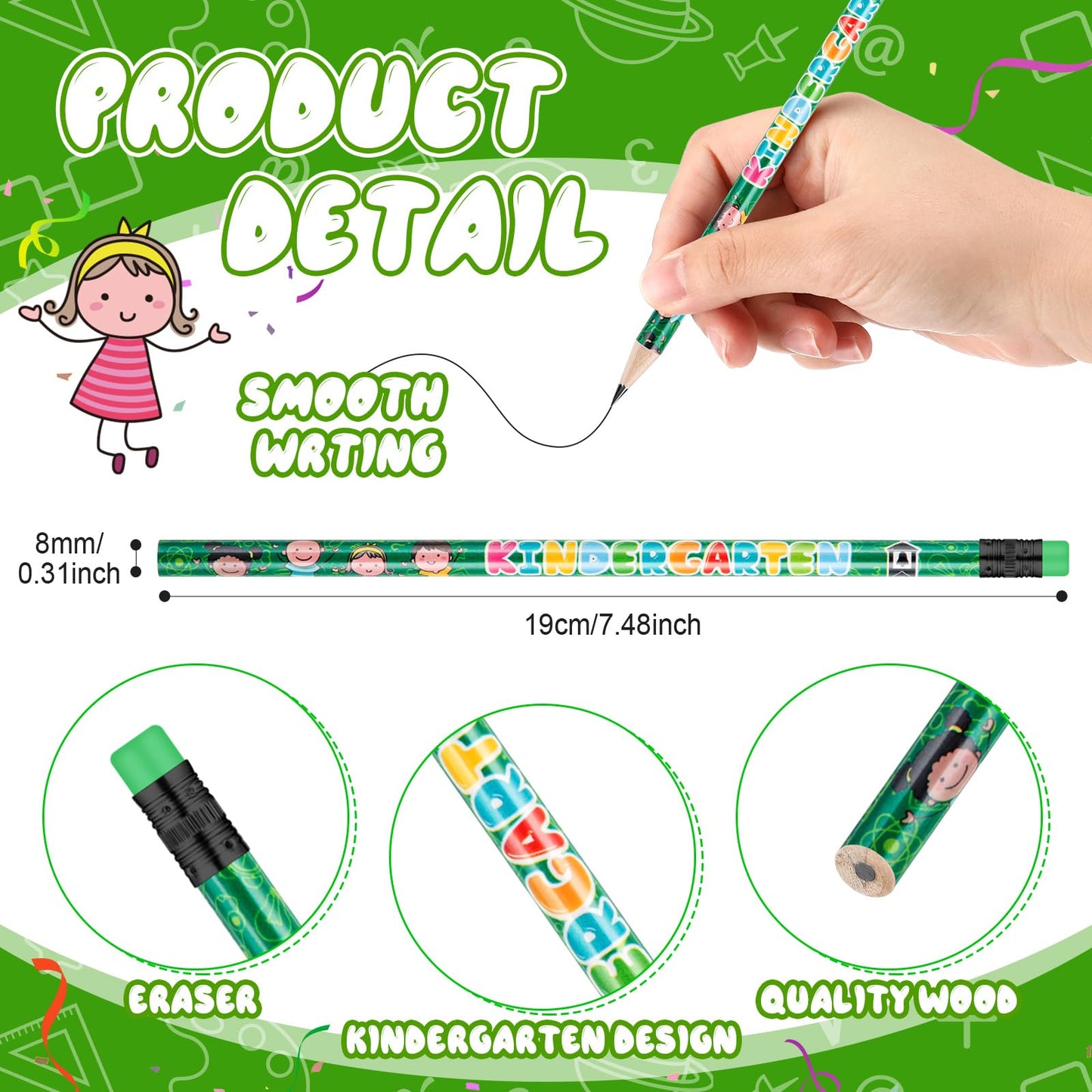Spakon 100 Pcs Kindergarten Pencils for Kids Girls Cute Kindergarten Pencils Kindergarten Here I Come School Supplies for Classroom Reward Party Favor with Erasers