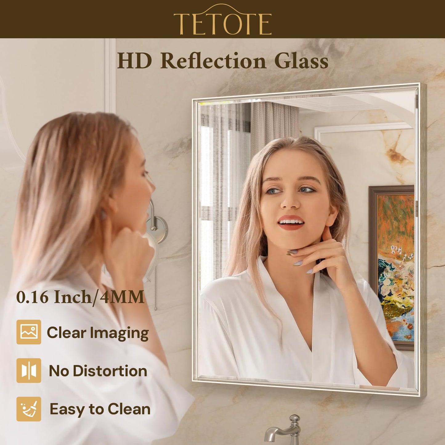 TETOTE 60 x 36 Inch Brushed Nickel Bathroom Mirror Beveled Frame Vanity Mirror, Tempered Glass, Shatterproof, for Modern Bedroom, Entryway, Living Room
