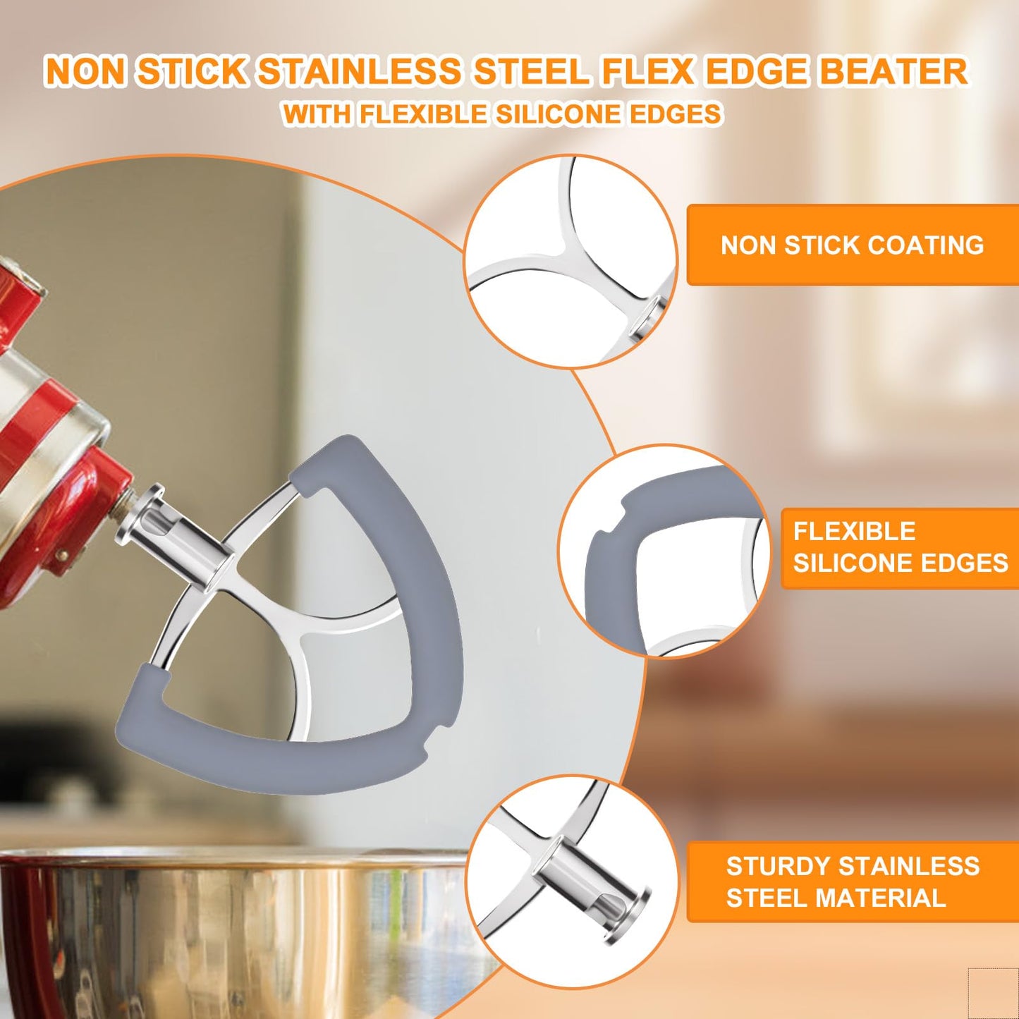 Stainless Steel Flex Edge Beater and Pouring Shield (Only for Stainless Steel Bowl) Compatible with KitchenAid 4.5-5QT Tilt Head, Paddle Attachment with Silicone Edges Mixer Accessories Attachments