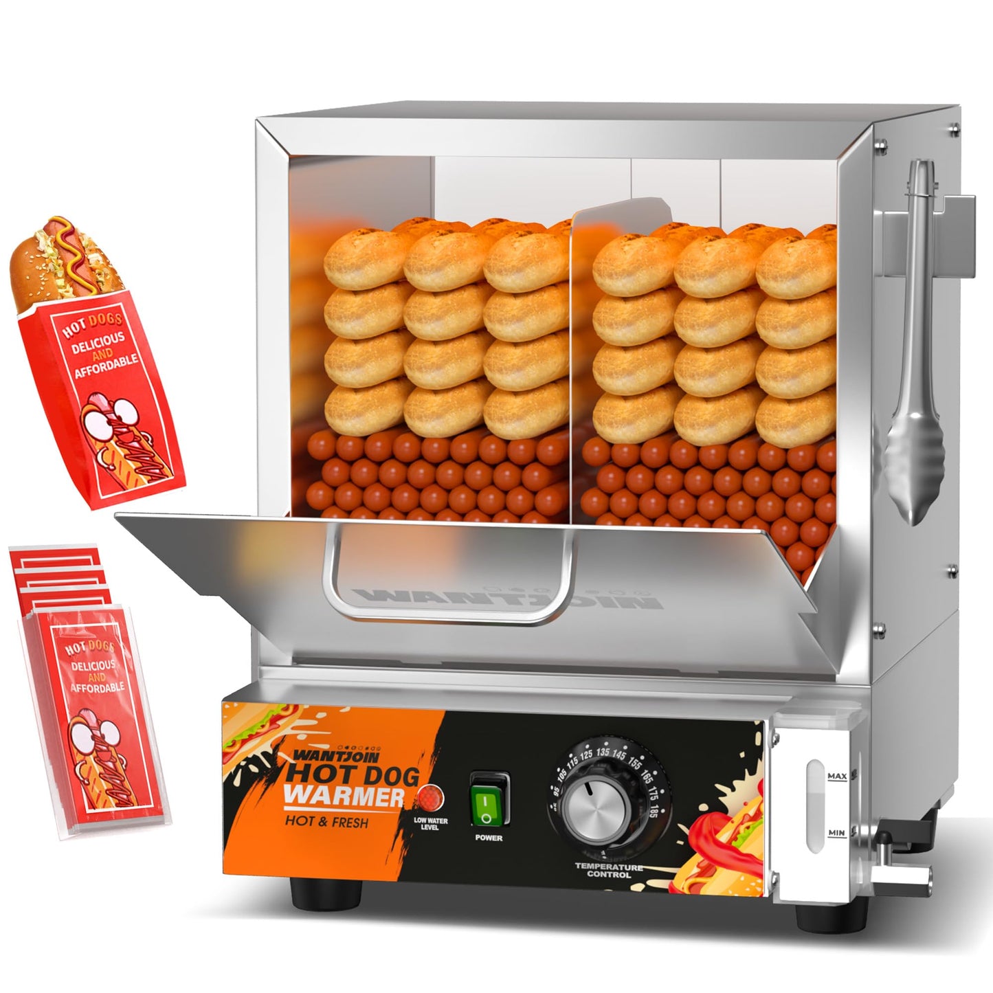 WantJoin Hot Dog Steamer Machine - 28.8QT Commercial Electric Hotdog Machine with Bun Warmer, Tempered Glass Stainless Steel Steaming Machine for 90-105 Sausages and 30-40 Buns
