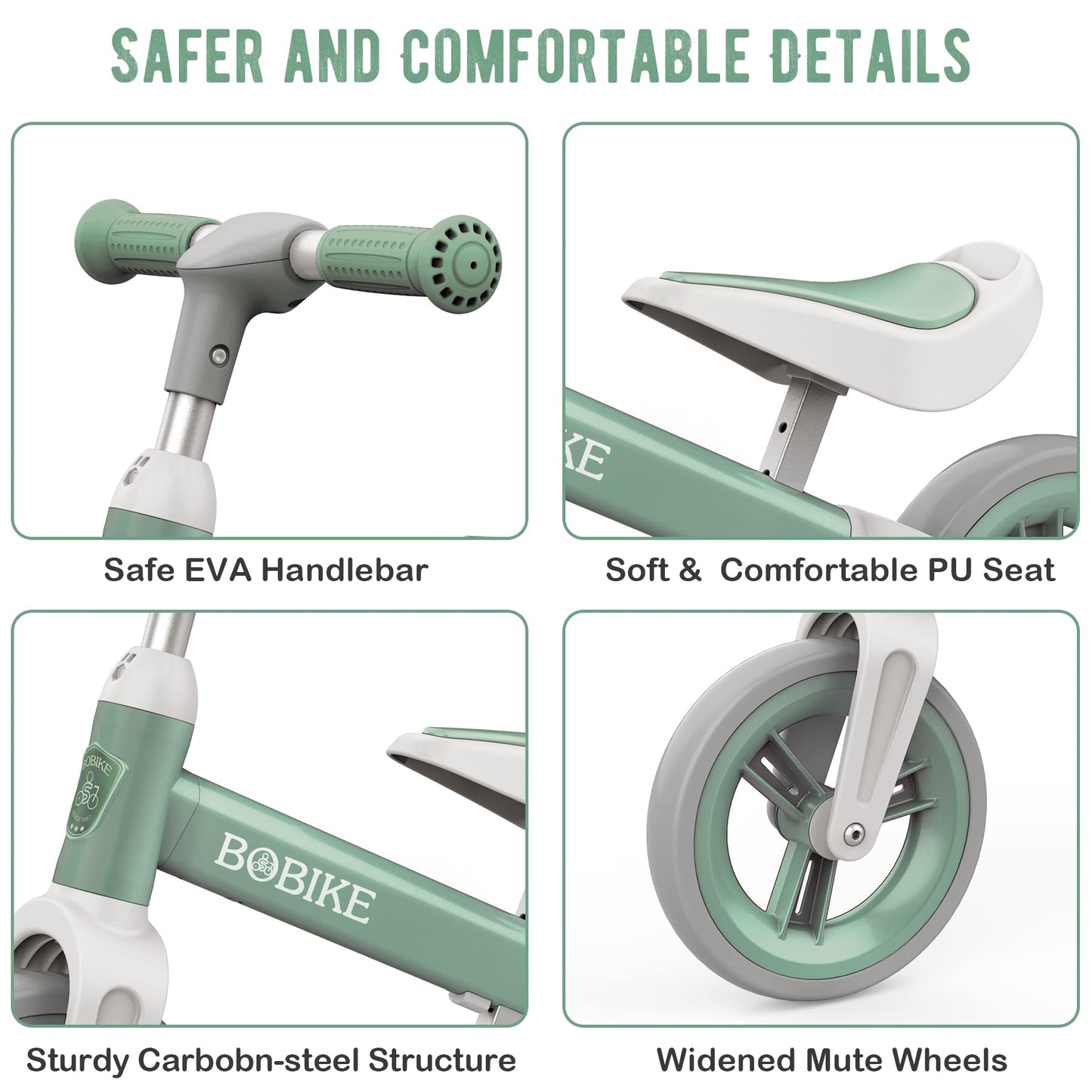 Bobike Toddler Balance Bike Toys for 1 to 6 Year Old Girls Boys Adjustable Seat and Handlebar No-Pedal Training Bike Best Gifts for Kids (Green)