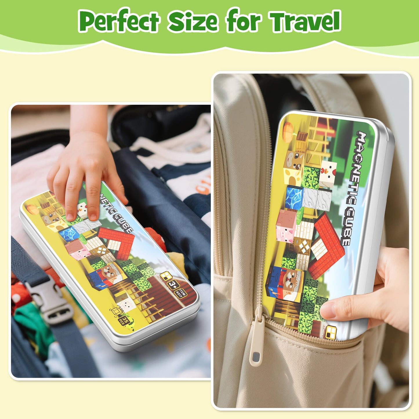 hunloot Mini Magnetic Blocks Farm Animals Travel Toys, 35PCS Portable STEM Magnetic Building Cubes with Metal Storage Box for Kids Ages 4-8, Road Trip & Airplane Essentials