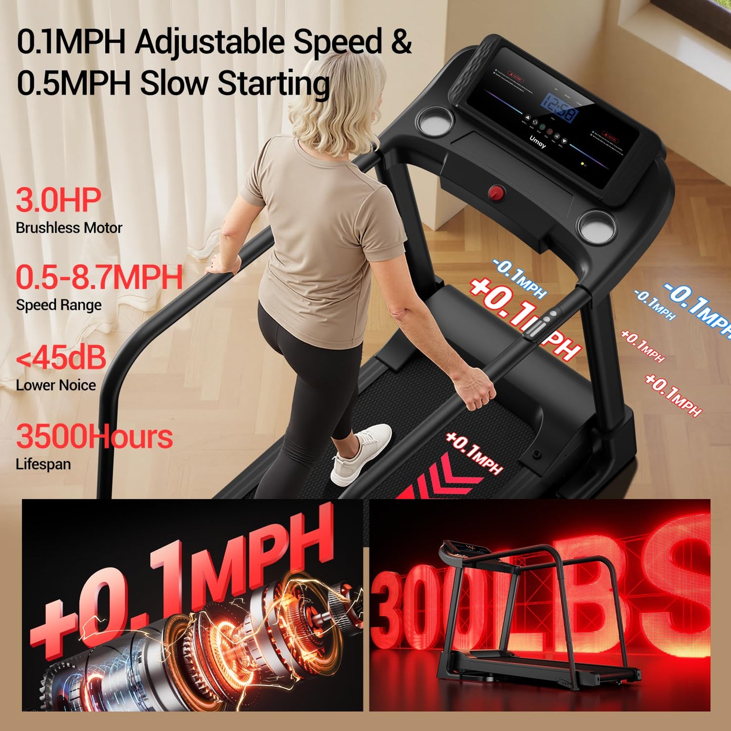 UMAY Fitness Compact Home Treadmill with Auto/No Incline, 3.0/3.5HP Quiet Brushless, 8.7 MPH Speed & 16.2"×42.5" Running Area (0 Incline with handrail)