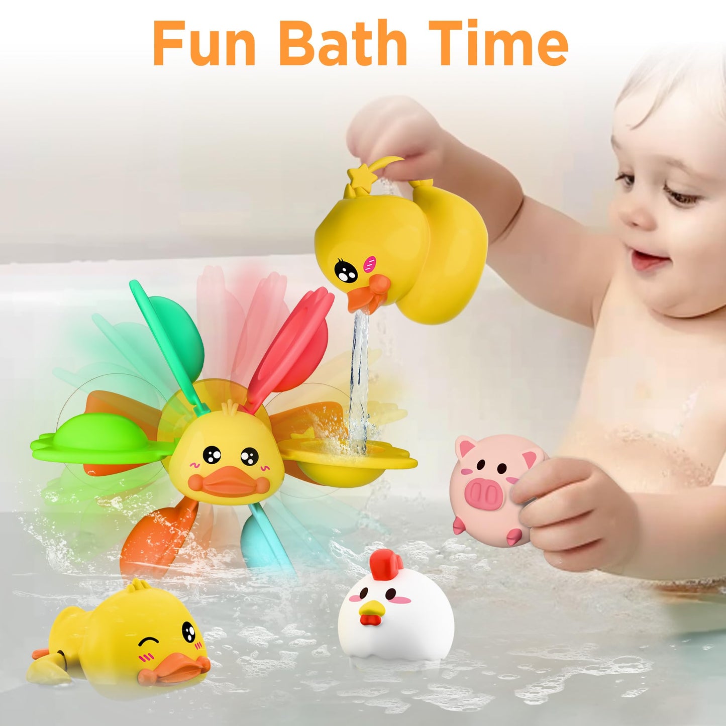 iPlay, iLearn Baby Duck Bath Toy, Toddler Bathtub Suction Water Spinner Gear, Kid Shower Fishing Game W/ Net, Floating Animal, Wind up Swimming Duck, Birthday Gift 6 9 12 Month 1 2 3 Year Old Boy Girl
