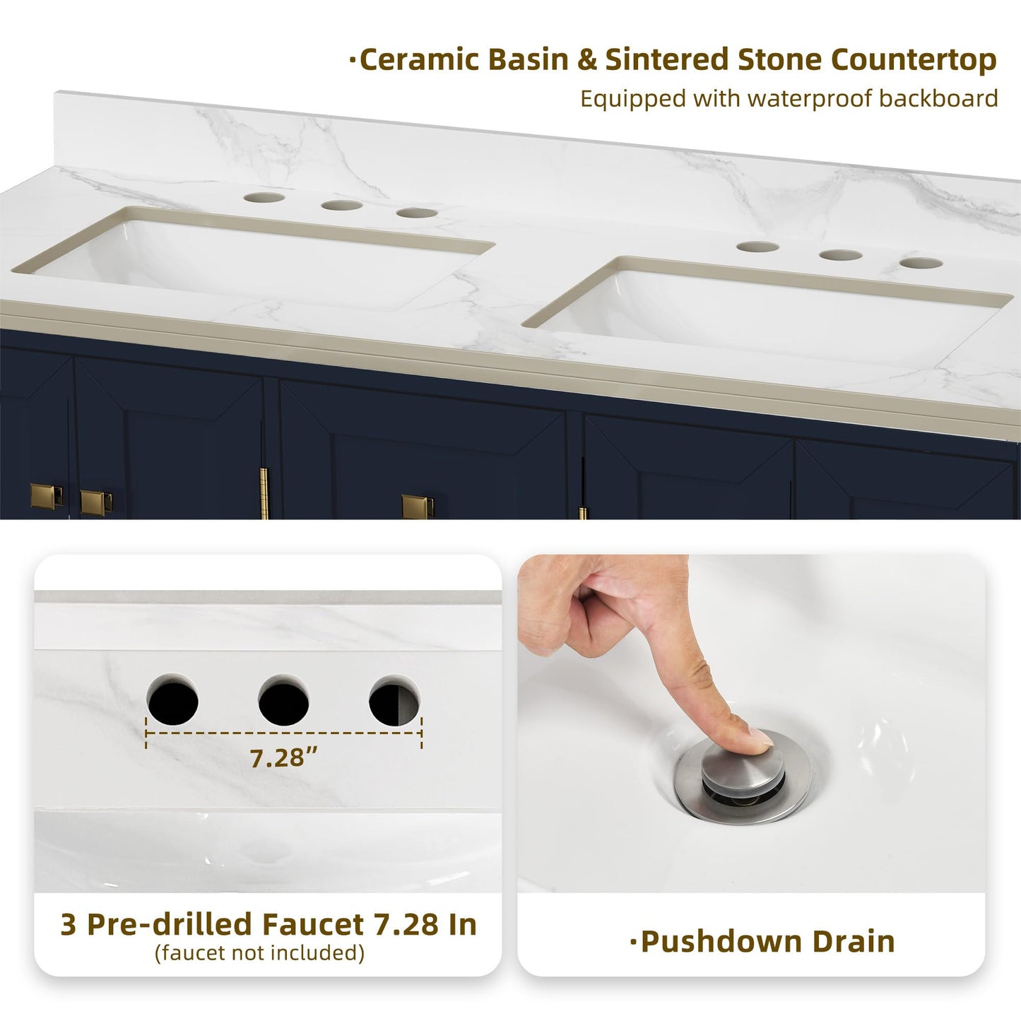 DWVO 47 Inch Bathroom Vanity with Double Sink, Retro Bathroom Storage Cabinet with Sintered Stone Countertop, Six Holes, 4 Doors & 3 Drawers