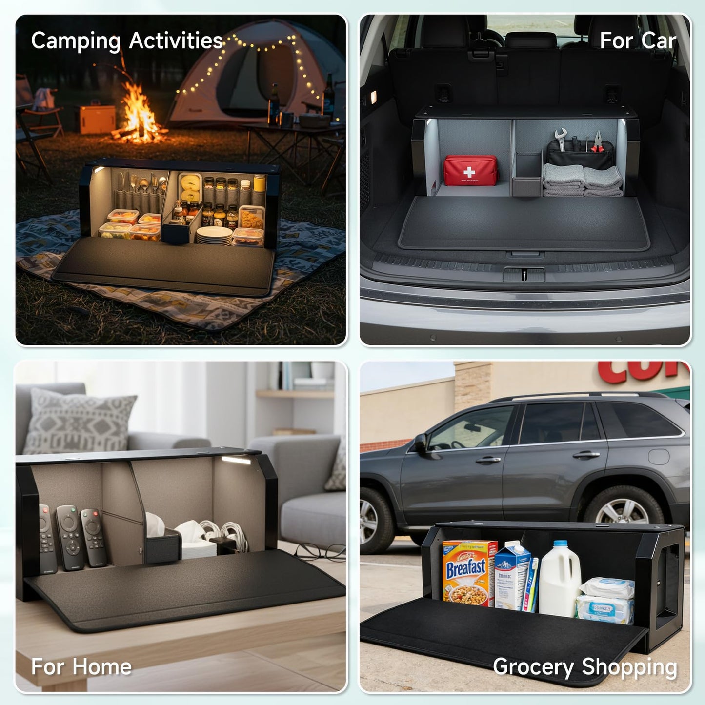 Car Trunk Organizers with LED Light, SUV Trunk Storage Box with Light, Trunk Organizer with Magnetic Lid & Sturdy Handle, Waterproof Car Storage Powered by 4 AA Batteries(Batteries Not Included)
