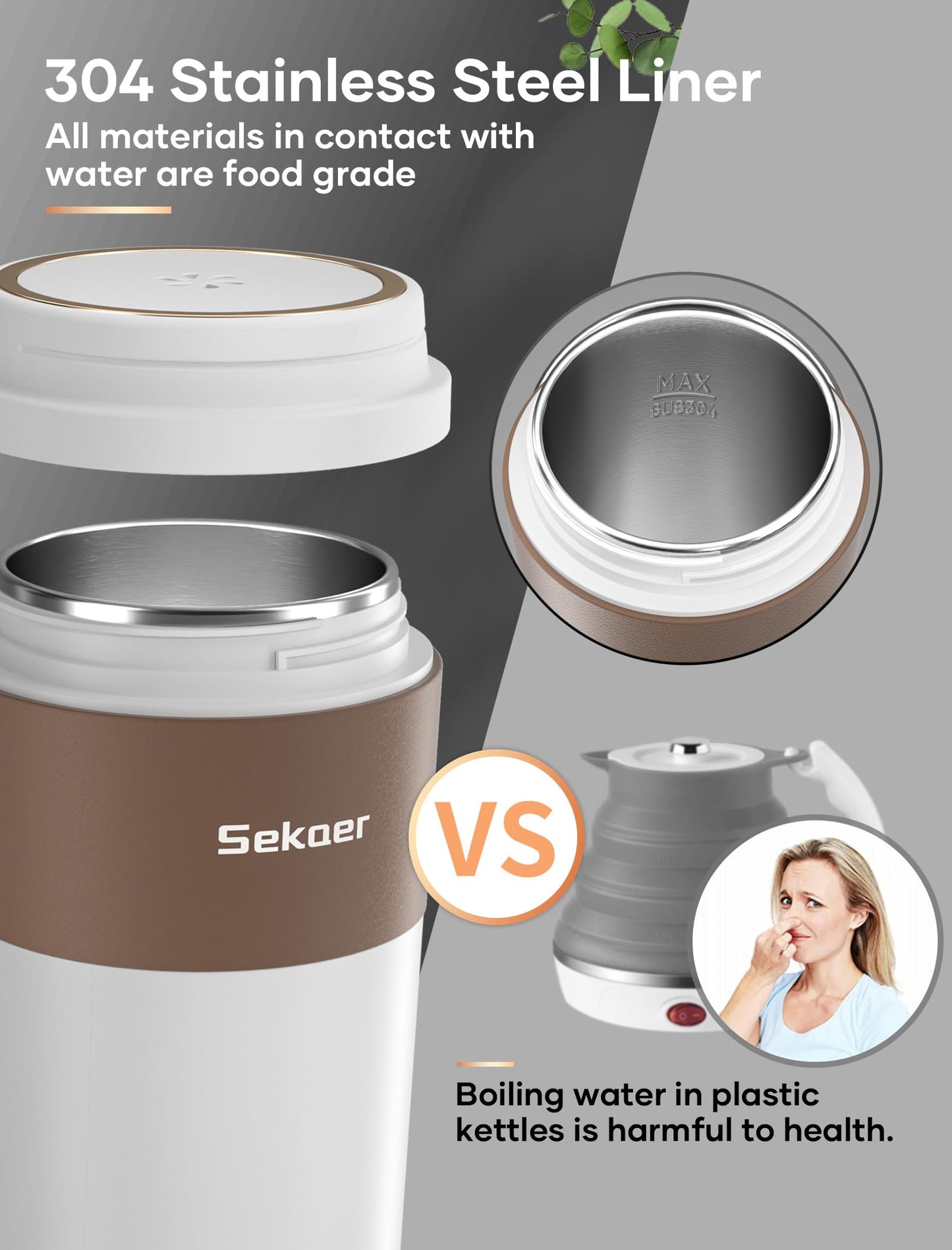 Sekaer Travel Portable Kettle, Dual Voltage 110-240V, Mini Electric Kettle for Tea Coffee, 304 Stainless Steel Small Hot Water Boiler, 350mL Auto Shut-Off & 4 Temp Presets, SKE-835-B