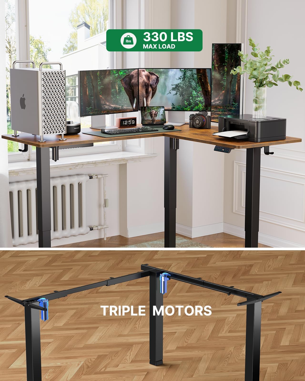 Marsail 63×55 in Electric Corner L-Shaped Standing Desk with 4-in 1 Electical Outlet, Computer Desk with Headphone Hook, Memory Sit Stand up Home Office Table, Ergonomic Gaming Table,Brown