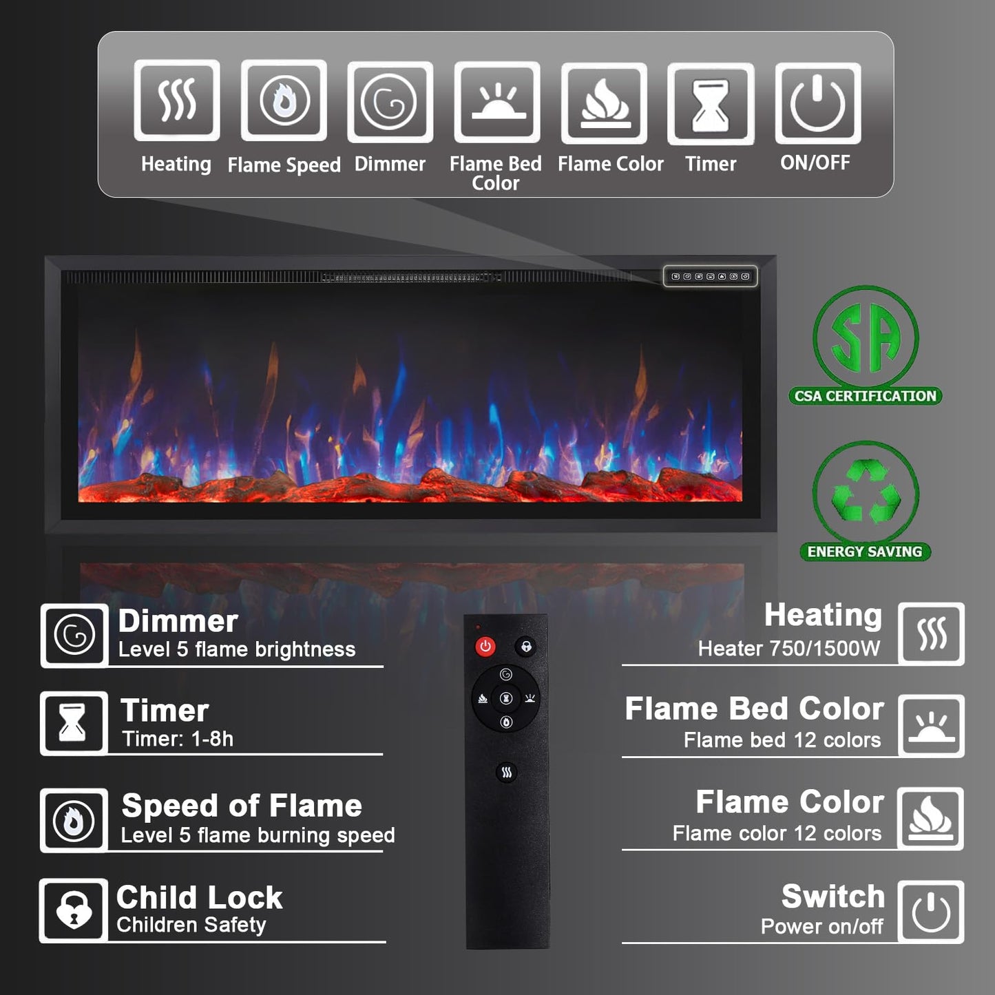PRETZI 60" Electric Fireplace Ultra Narrow Aluminum Frame & Wide Screen, Electric Fireplace Inserts/Wall Mounted with Heater, Adjustable Flame Color and Brightness, Remote Control/Timer, 750/1500w