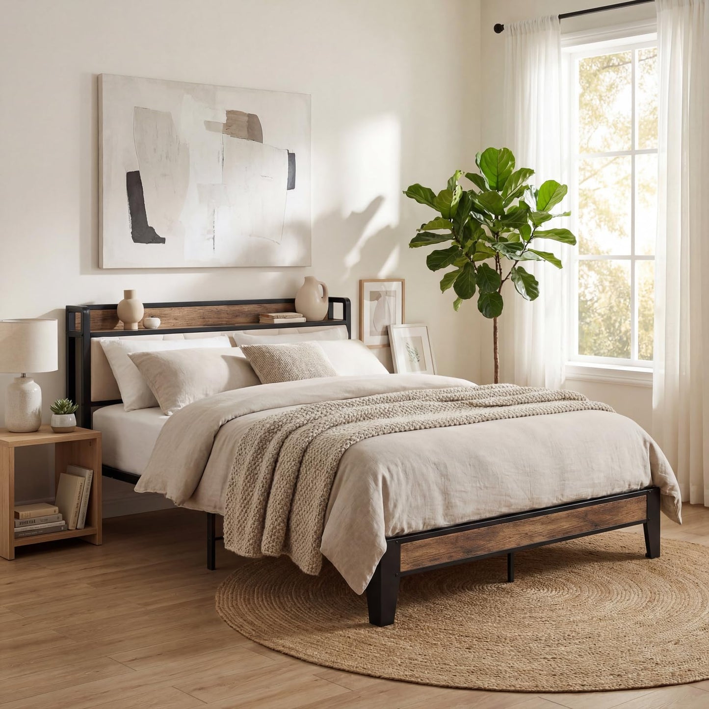 LIKIMIO Queen Bed Frame, Storage Headboard with Charging Station, Solid and Stable, Noise Free, No Box Spring Needed, Easy Assembly (Walnut and Beige)