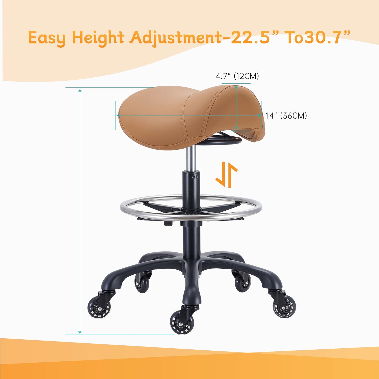 Coczeb Saddle Salon Stool with Footrest,Heavy Duty, Adjustable Height, Rolling Esthetician Chair for Tattoo Spa Medical Dentist Clinic(Brown)