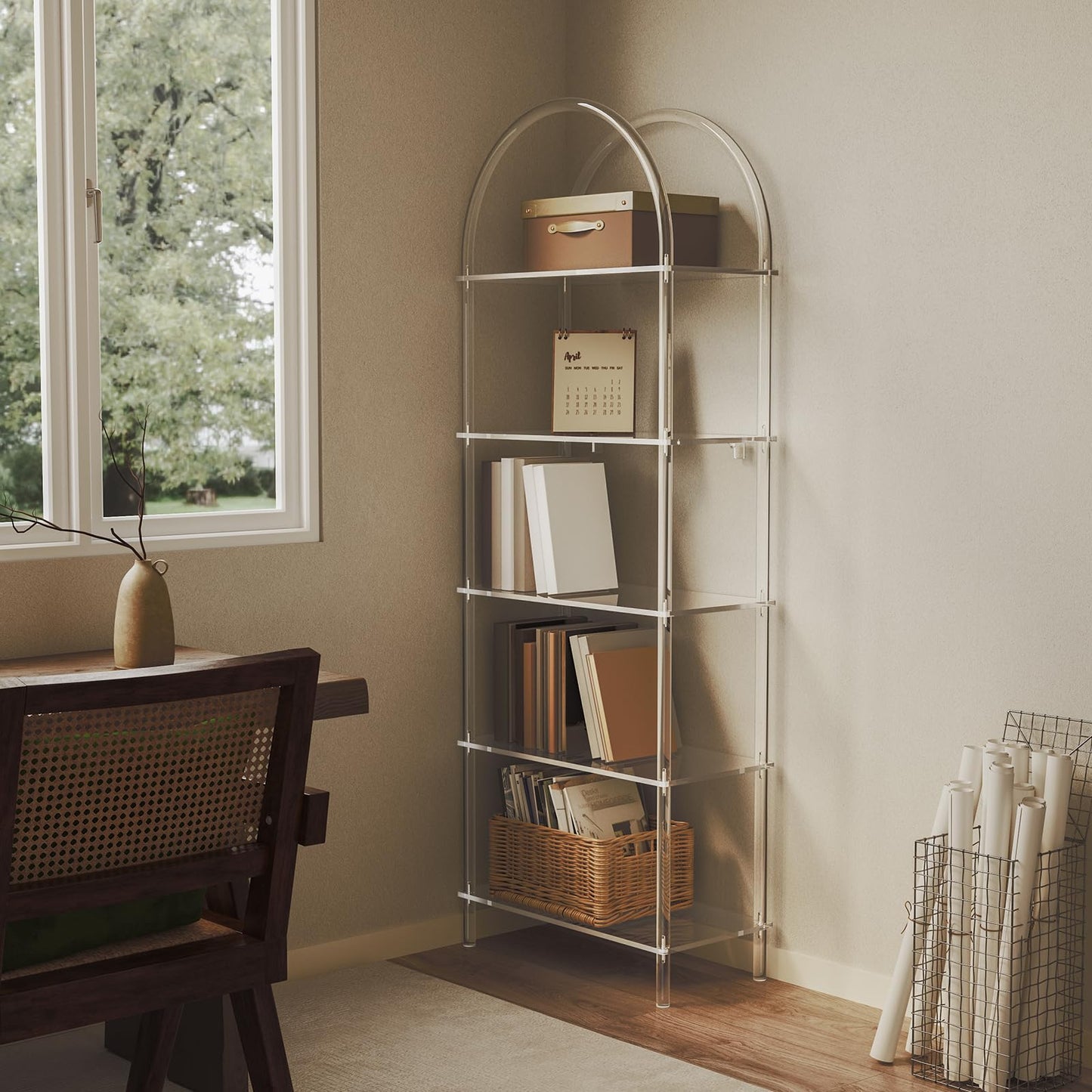 CRTERICX Acrylic Arched Bookshelf, 5-Tier Clear Bookcase, Modern Open Book Shelves for Home Office, Bedroom, Living Room, 11.8" D x 23.64" W x 65.7" H