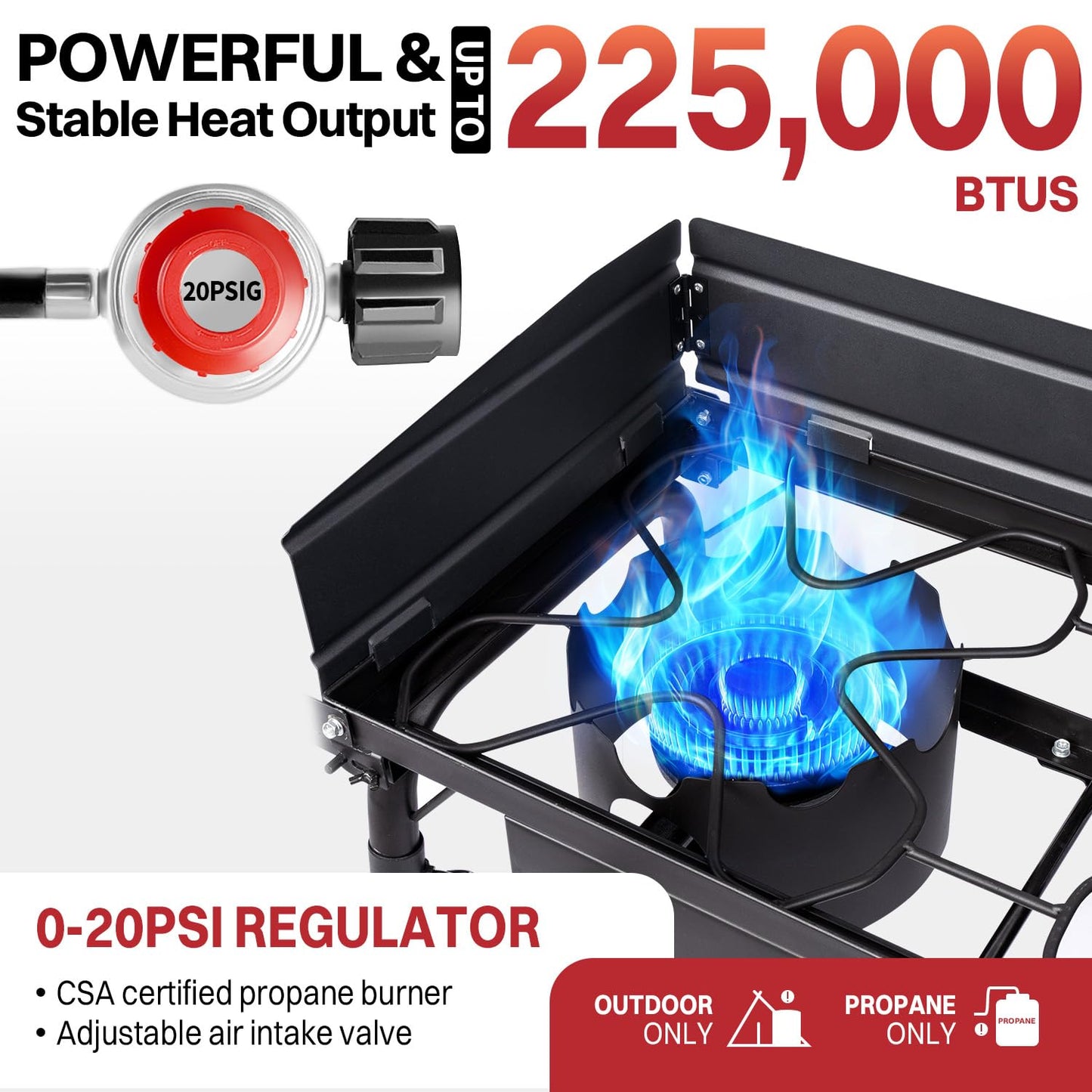 3 Burner Propane Camp Stove | 225,000 BTU Gas Burners | Side Shelves | Windscreen | Waterproof Cover | Detachable Legs | Ideal for Camping Backyard Outdoor Cooking
