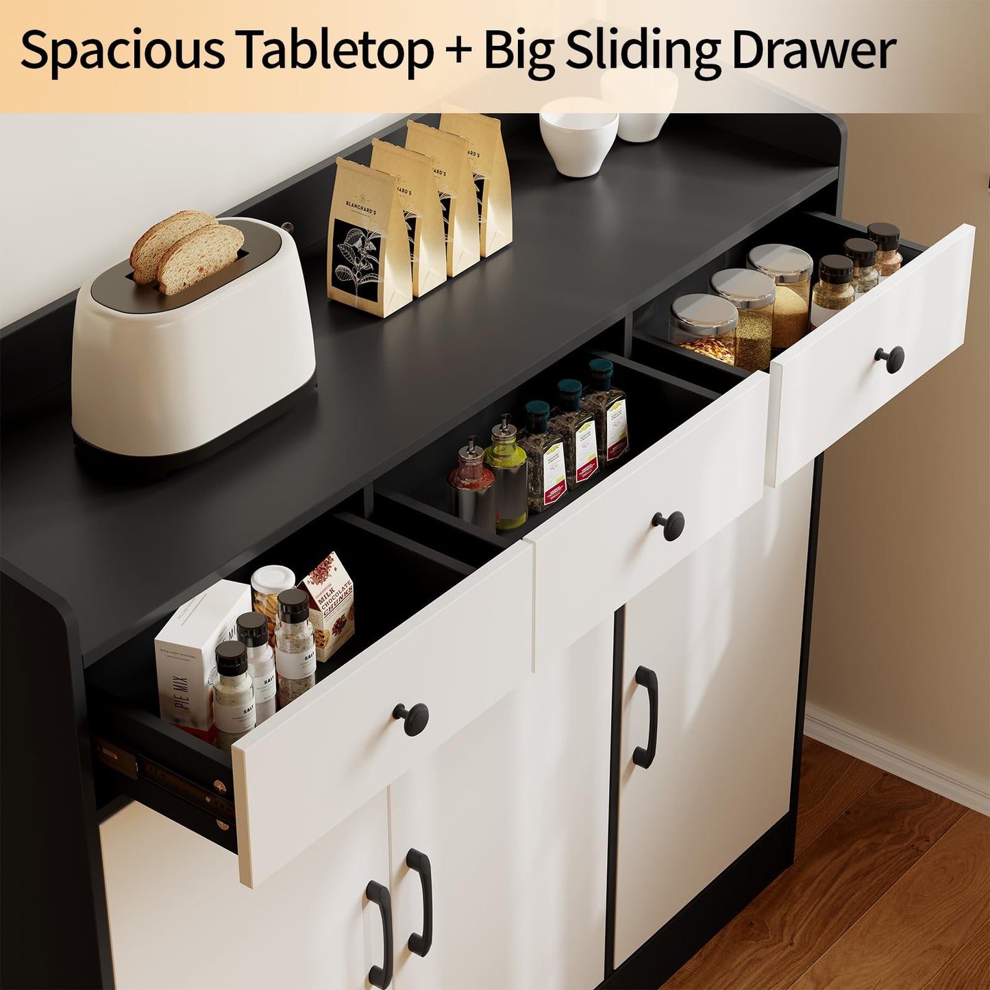 GarveeHome 42.5 in Sideboard Buffet Cabinet with Storage, Wooden Kitchen Storage Cabinet with Adjustable Shelf, Modern Coffee Bar Buffet Table for Living Room Entryway Dining Room