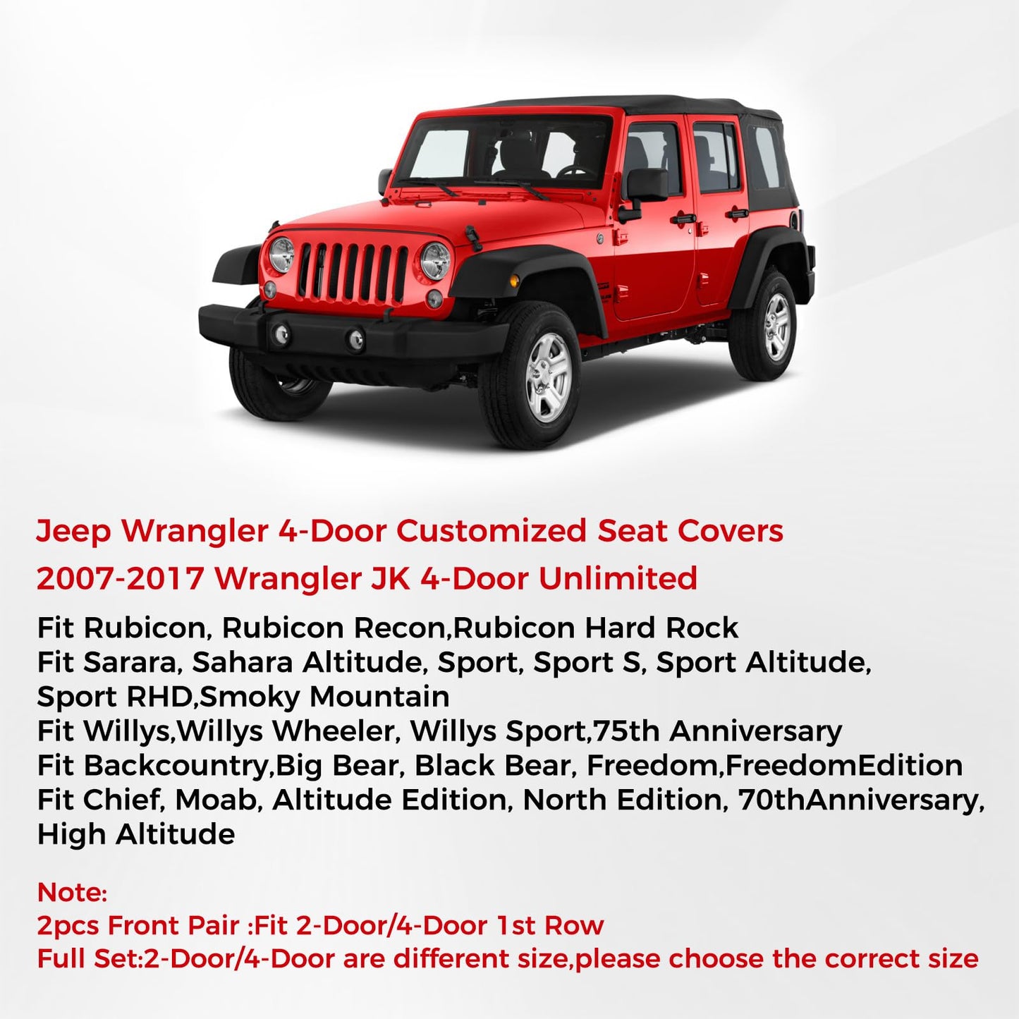 Huidasource Wrangler JK Seat Cover 4 Door, Leather Custom Car Seat Covers, Front&Rear Seat Cushion Protector Fit for Jeep Wrangler JK 4-Door Sahara Sport Rubicon 2007-2017(Full Set/Black&Red)