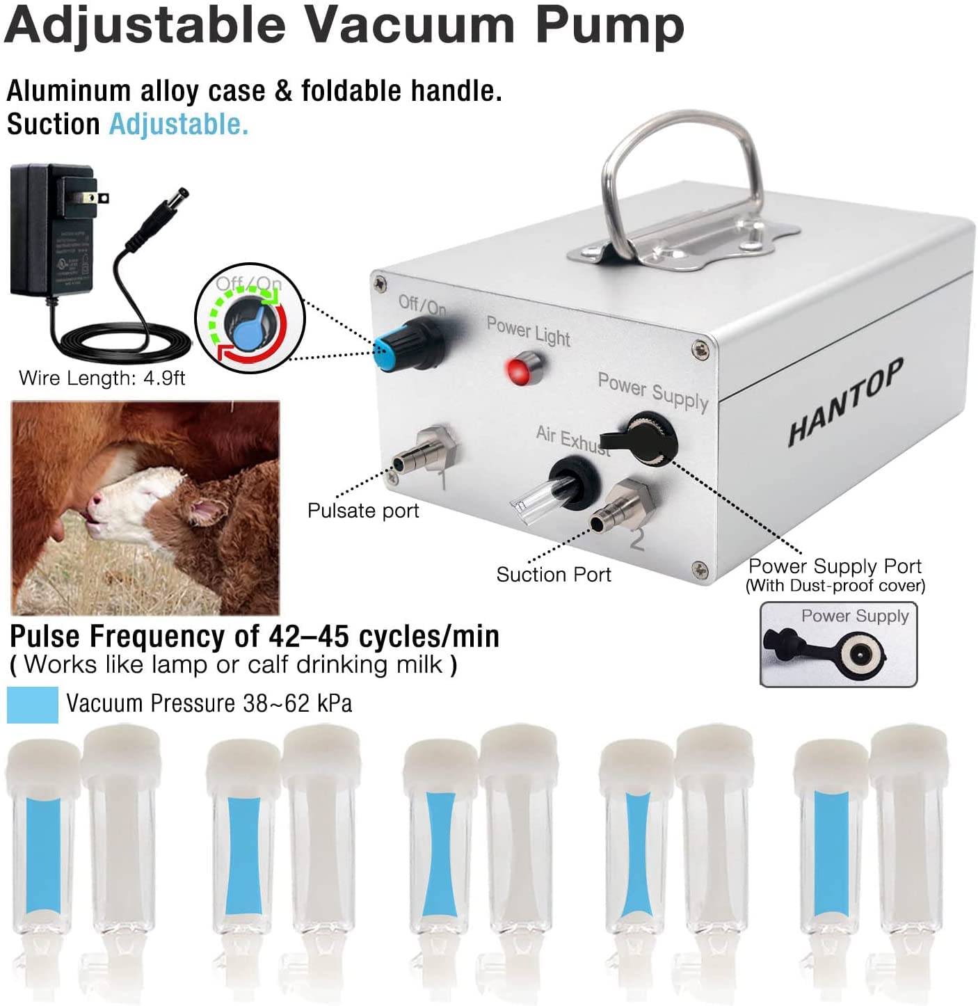 Hantop Cow Milking Machine 12L, Plug-in Powered, Speed Adjustable Pulsating Vacuum Pump, Food Grade 304 Stainless Steel Milk Bucket, Auto-Stop Check Valve, Electric Cow Milker (Classic Model)