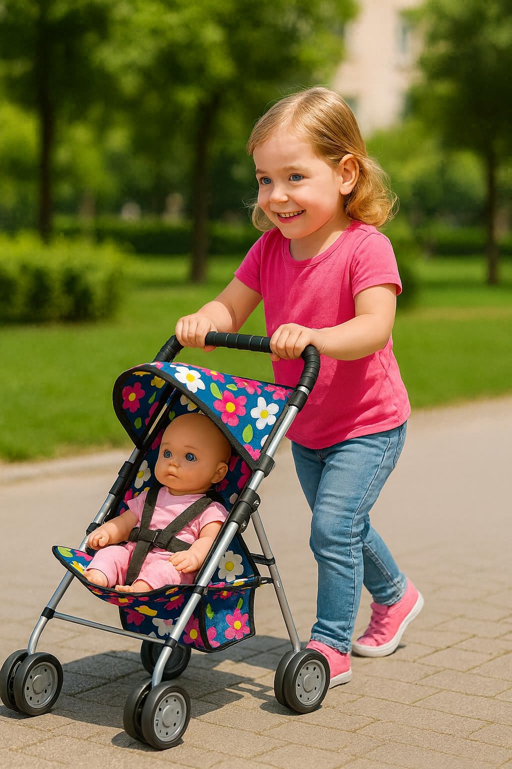 fash n kolor 3 Piece Baby Doll Play Set Flower Design Includes - Foldable Pack N Play, Baby Doll Stroller, Baby Doll High Chair, Fits Up to 18'' Dolls 3 Piece Doll Accessories Set, Best Gift for Girls