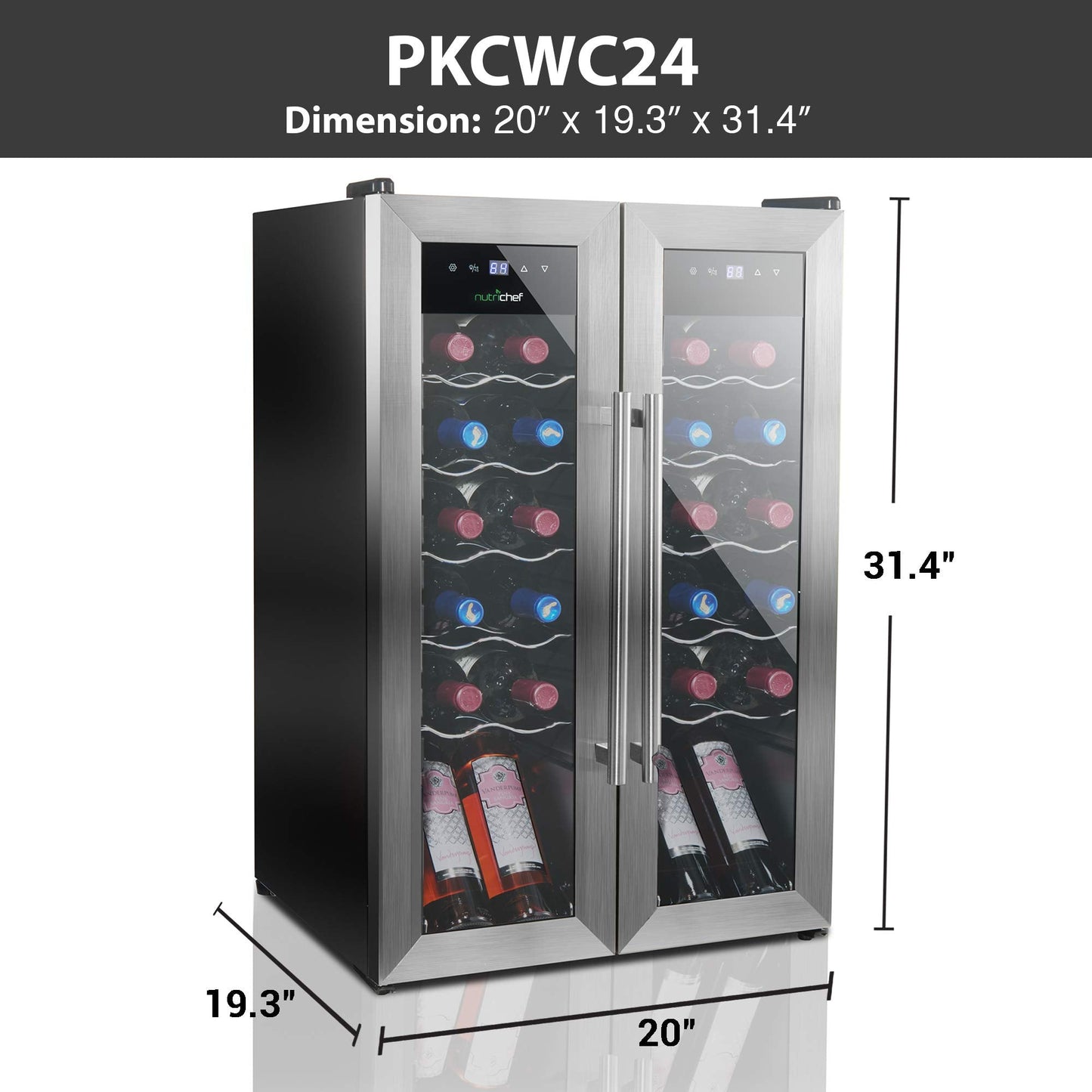 NutriChef 24-Bottle Wine Fridge – Dual Zone Cooler for Red & White Wines, 41°F–64°F Temp Control, Ultra-Quiet, Fits Home, Office, or Kitchen Counters – 31x19x20 in.