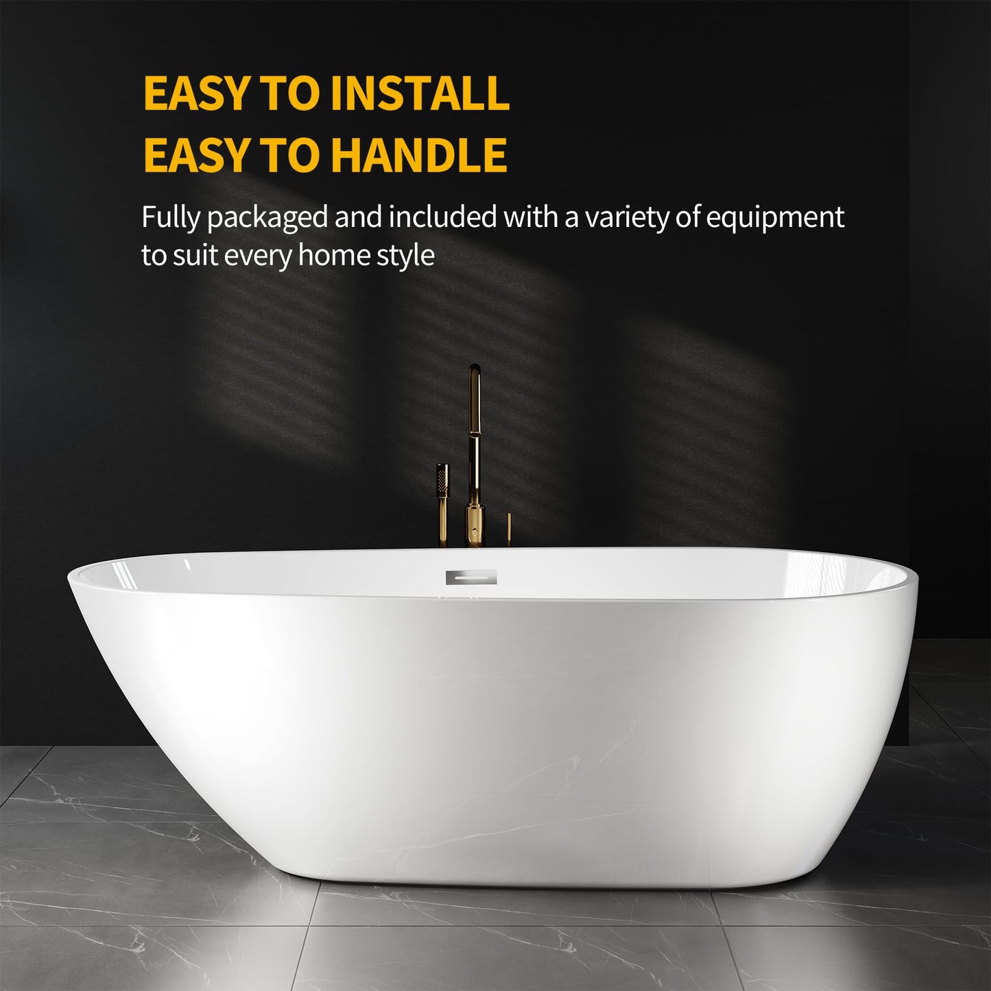 67" Deep Soaking Bathtub, Non-Slip Acrylic Tub with Chrome Drain, cUPC Certified, Ergonomic Modern Bath for Bathrooms, Easy-Install, White Pearl