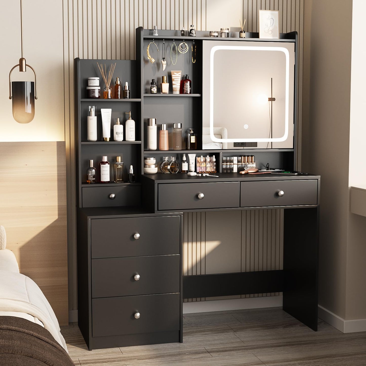 Vabches Vanity Desk with Mirror and Lights, Makeup Vanity with 6 Drawers and Shelves, Dressing Table with Power Outlet, Makeup Desk with Led Lighted Mirror in 3 Colors, for Bedroom, Black