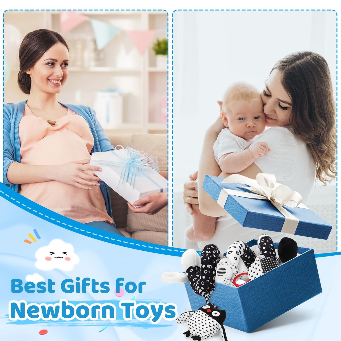 AJsupojouet High Contrast Baby Toys - Black & White Hanging Toys for Car Seat, Stroller & Crib | Newborn Essentials 0-6 Months | Perfect