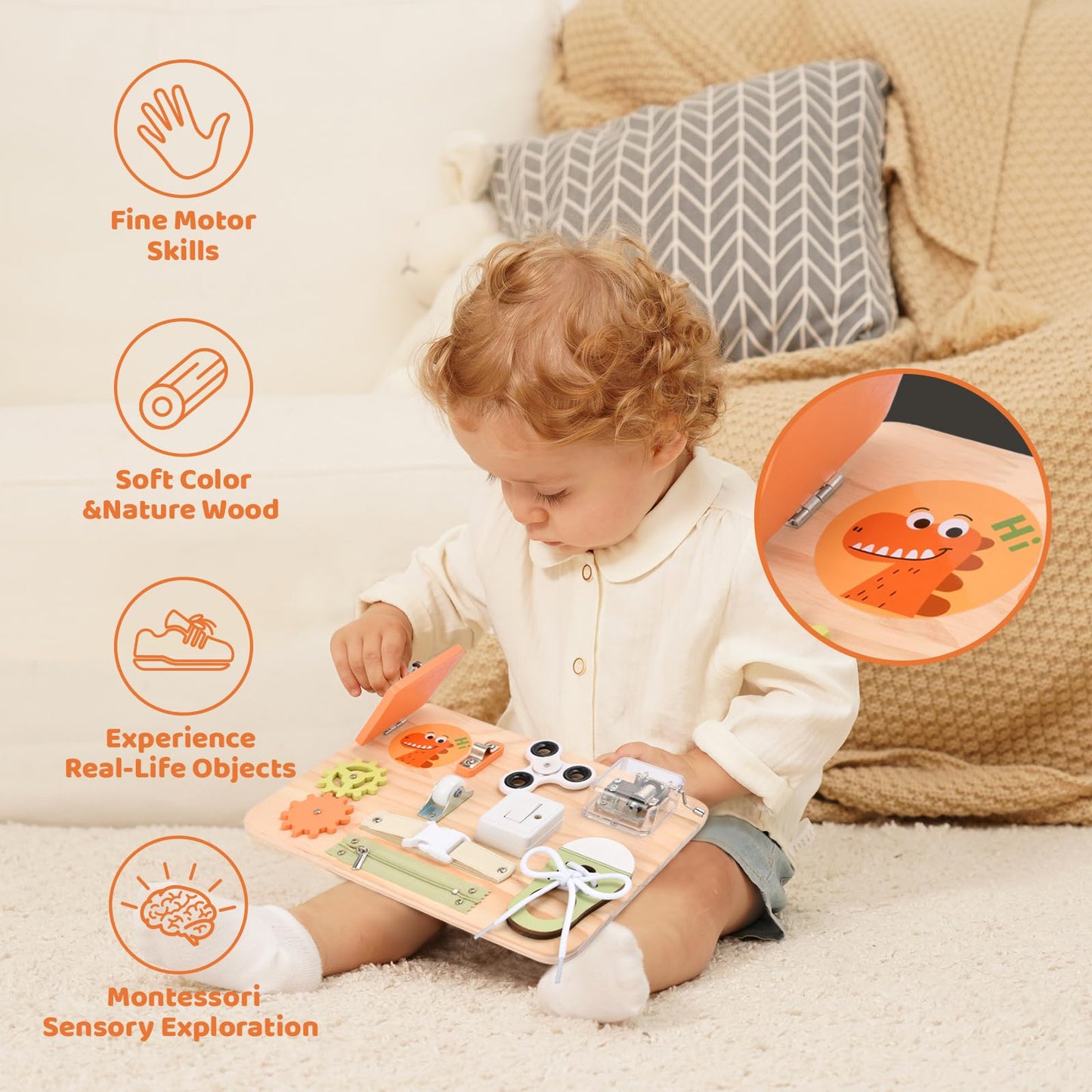 Montessori Toys for Tooddlers- Busy Board for 1 2 3 4 Years - Educational Fidget Toy for Baby - Wooden Sensory Toys for Autistic Children - Preschool Activities - Fine Motor Skills – Travel Toy