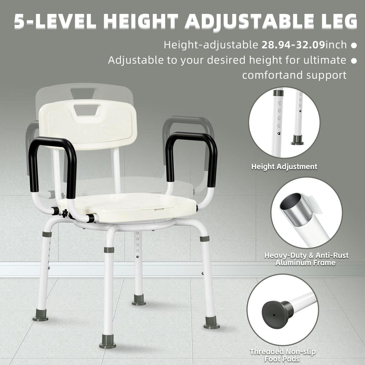 4 in 1 Bedside Commode for Seniors,Portable Toilet for Adults with Arms & Removable Bucket,Height Adjustable Commode Chair for Toilet，Swivel Shower Chair for Inside Shower for Handicapped, Adults