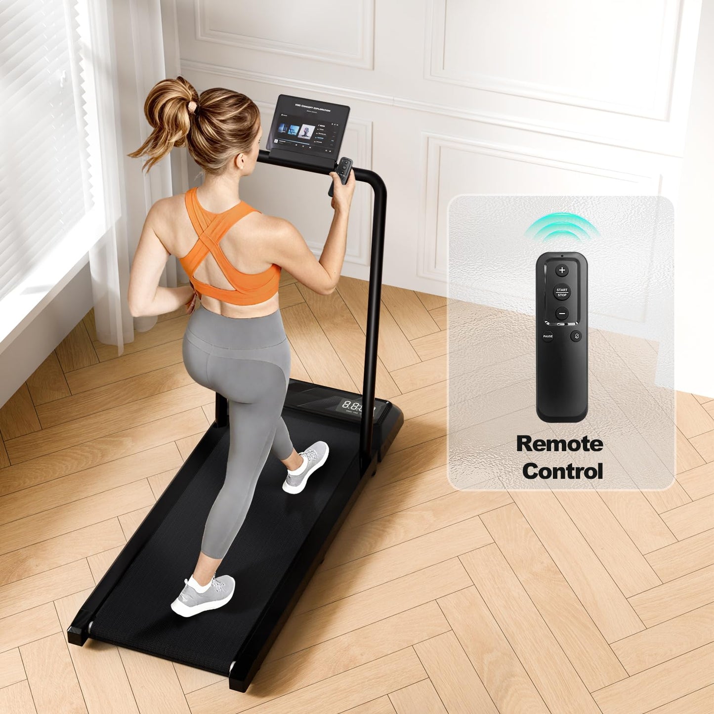 MoonFox Walking Pad Treadmill, 3 in 1 Under Desk Treadmill for Home Office w/2.5HP Motor/4.0MPH/45dB, Walking Pad w/Safety Handle/Remote/LED Display, Portable Treadmills Supports Up to 300lbs, Black