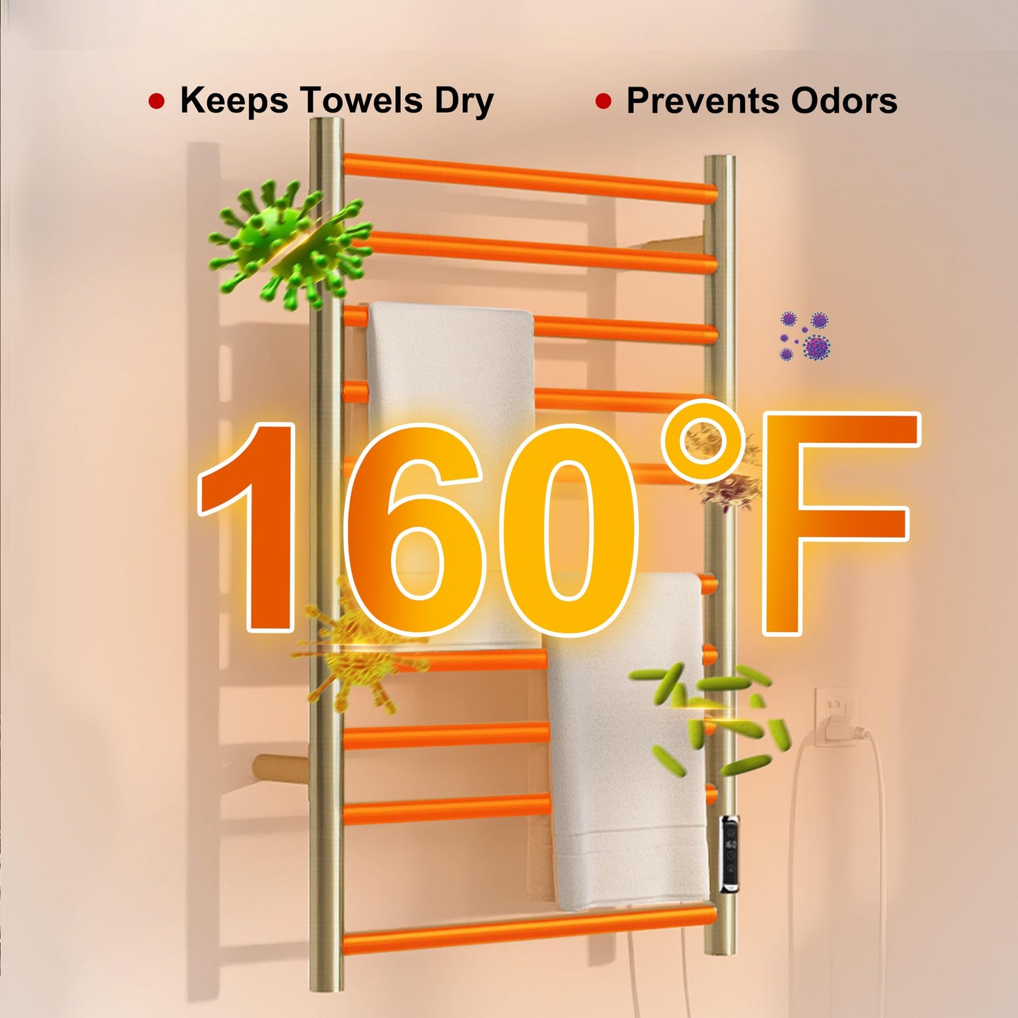 BLARALA Heated Towel Racks for Bathroom, Wall Mounted Electric Towel Warmer Racks with Timer & Temperature Control, 10 Bar Stainless Steel Towel Heater for Bathroom, Brushed Gold, Plug-in
