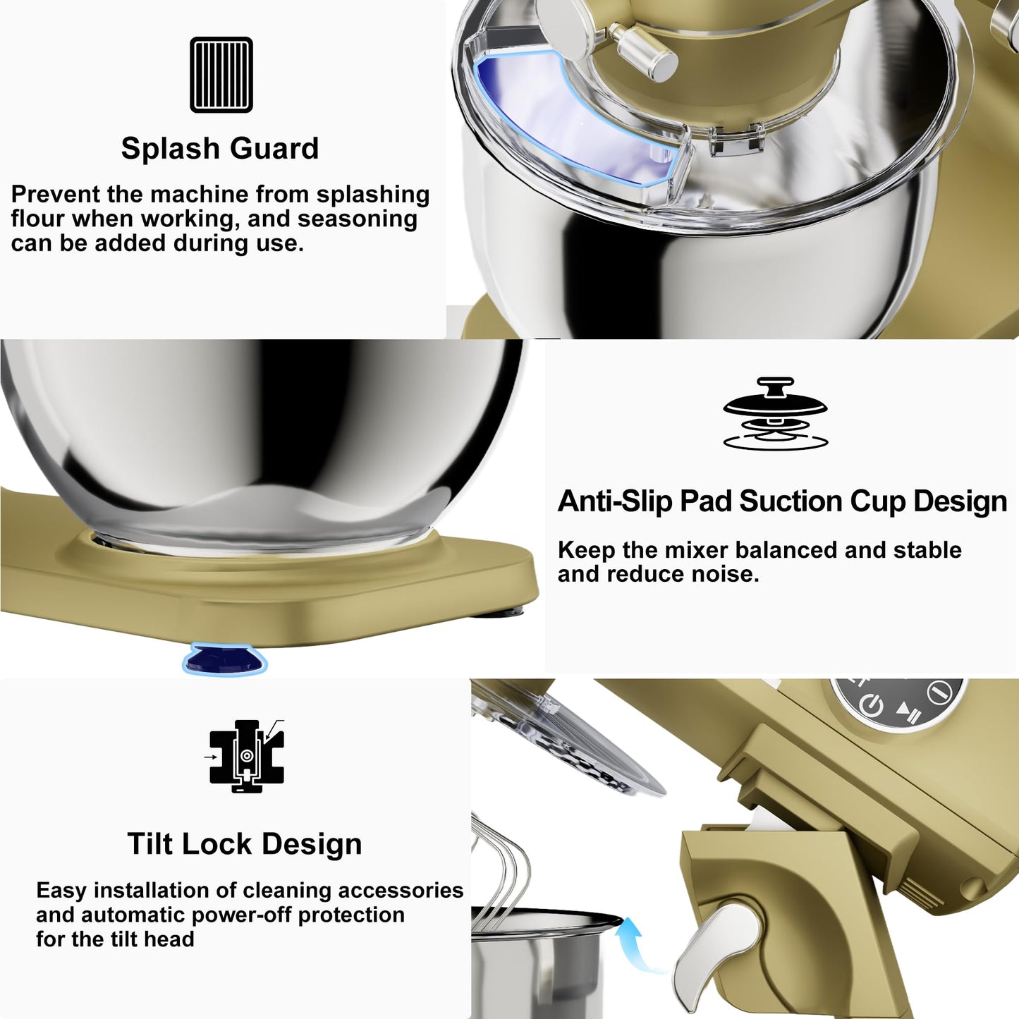 8.45 QT All Metal Stand Mixer,10 Speed Large Capacity Kitchen Mixer with Digital Timer & Tilt-Head, Electric Mixer with Whisk Dough Hook Mixing Beater for Baking,Cakes,Cookie,Bread,Salad (Champagne)
