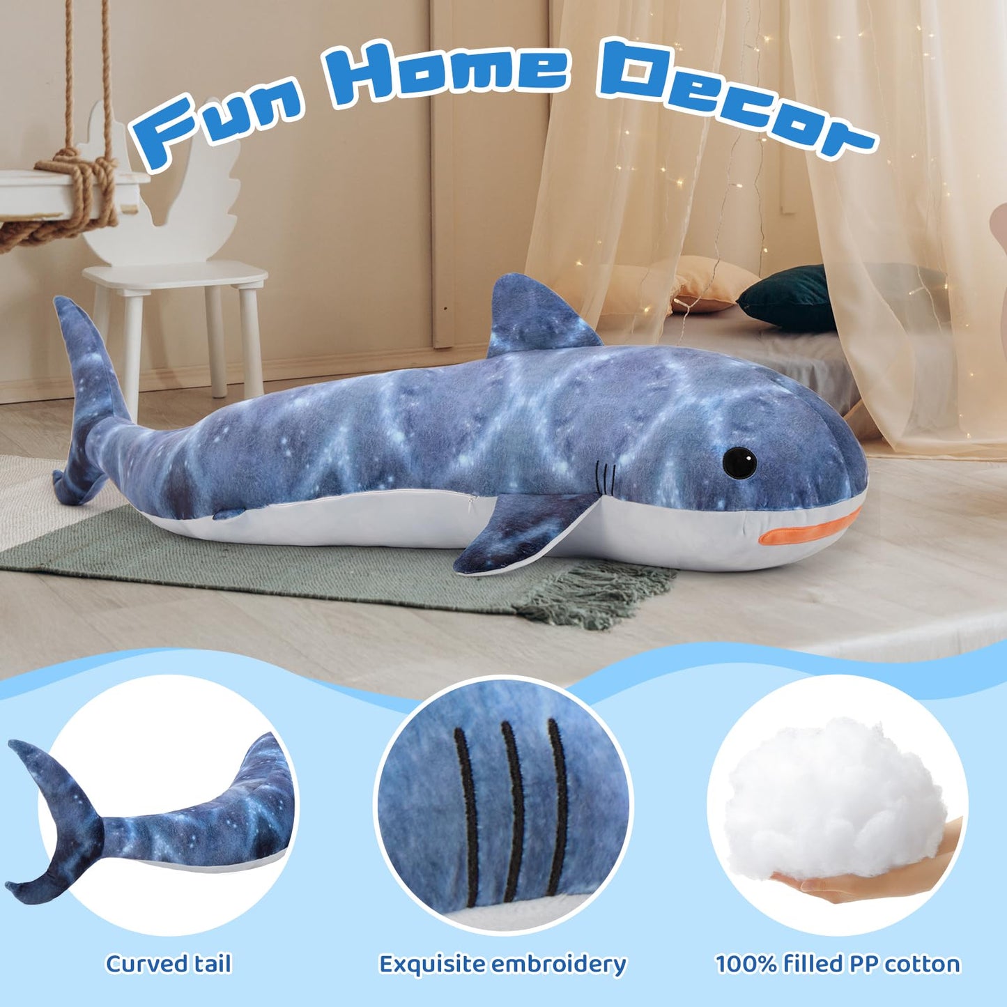 Tezituor 4ft Giant Whale Shark Stuffed Animal, S-Shape Stuffed Shark Plush Toy for Boys Girls, Hugging 47inches Soft Long Ocean Whale Shark Plush Body Pillow for Sleeping