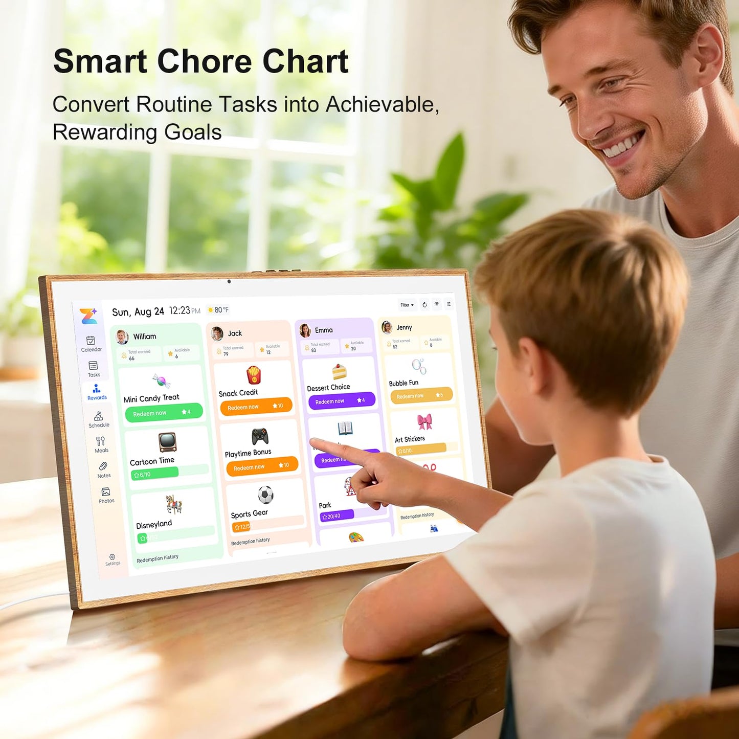 JSUSOU Magnetic Fridge Smart Digital Calendar 21.5" with FREE APP, Auto Sync Electronic Planner for Desk & Wall Touch Screen, Magnetic Refrigerator Mounted, Mothers Day Gifts for Mom, Teak Wood Grain