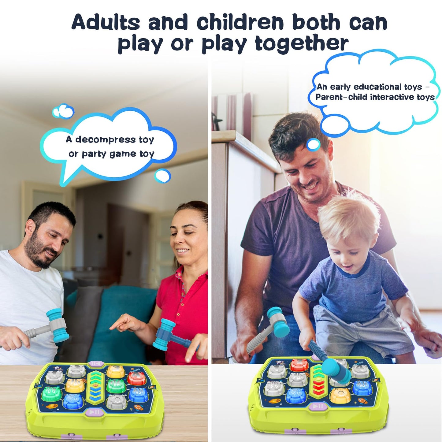 Toddlers Toys Age 3-8, Hammer Mole Game Toys for 3 4 5 6 7+ Year Old Boys with 3 Modes,Interactive Toddler Boy Girl Toys with 2 Hammers, Sound & Light, Birthday Xmas Gift for 3-10 Year Old Boys Girls