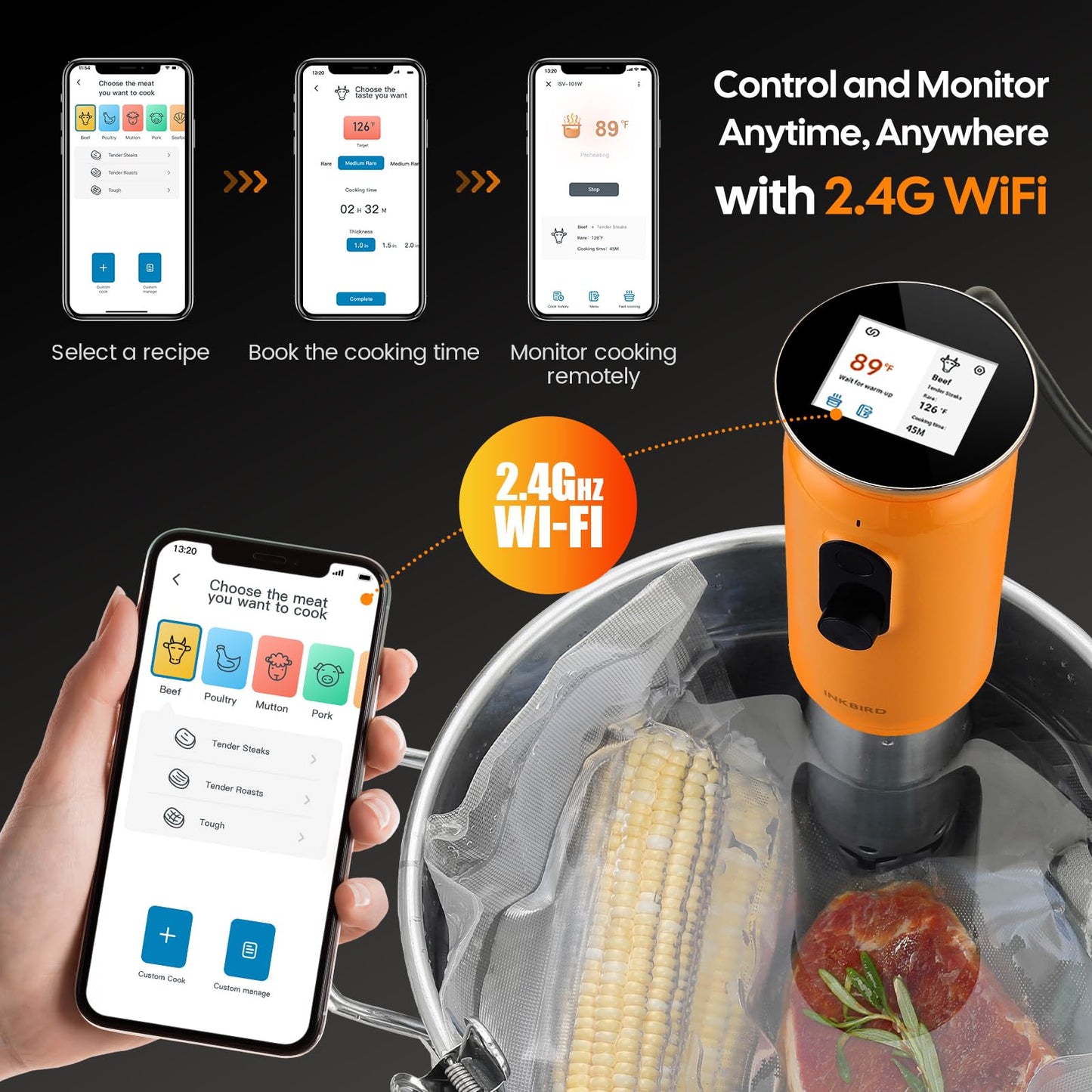 INKBIRD 2.4G WiFi Sous Vide Cooker ISV-101W, 1000 Watts Sous Vide Machine Thermal Immersion Circulators 3D Water Circulation Heating with App Preset and Machine Recipes, Pre-alarm (Ornage)